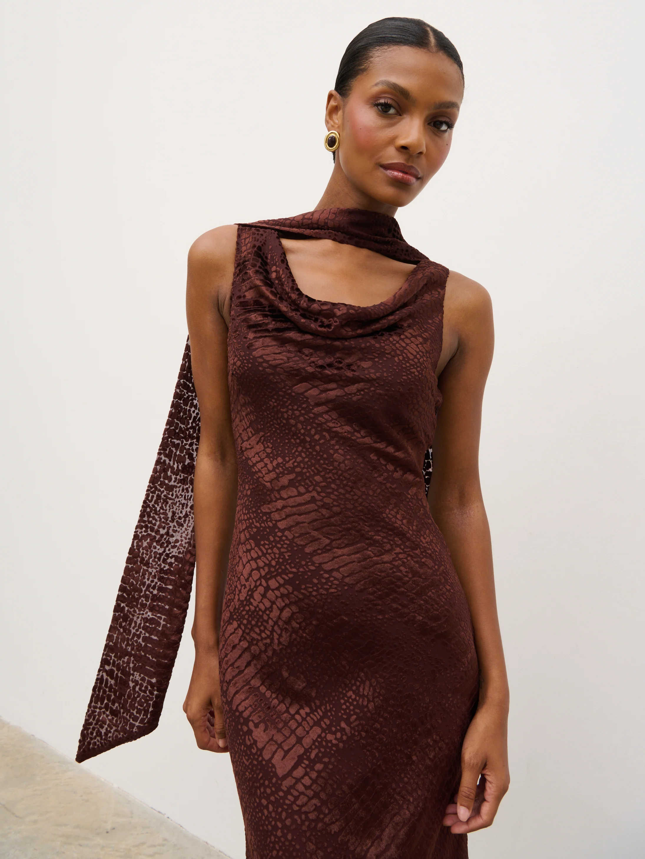 Ainsley Cowl Devore Neck Maxi Slip - Brown - Image 2
