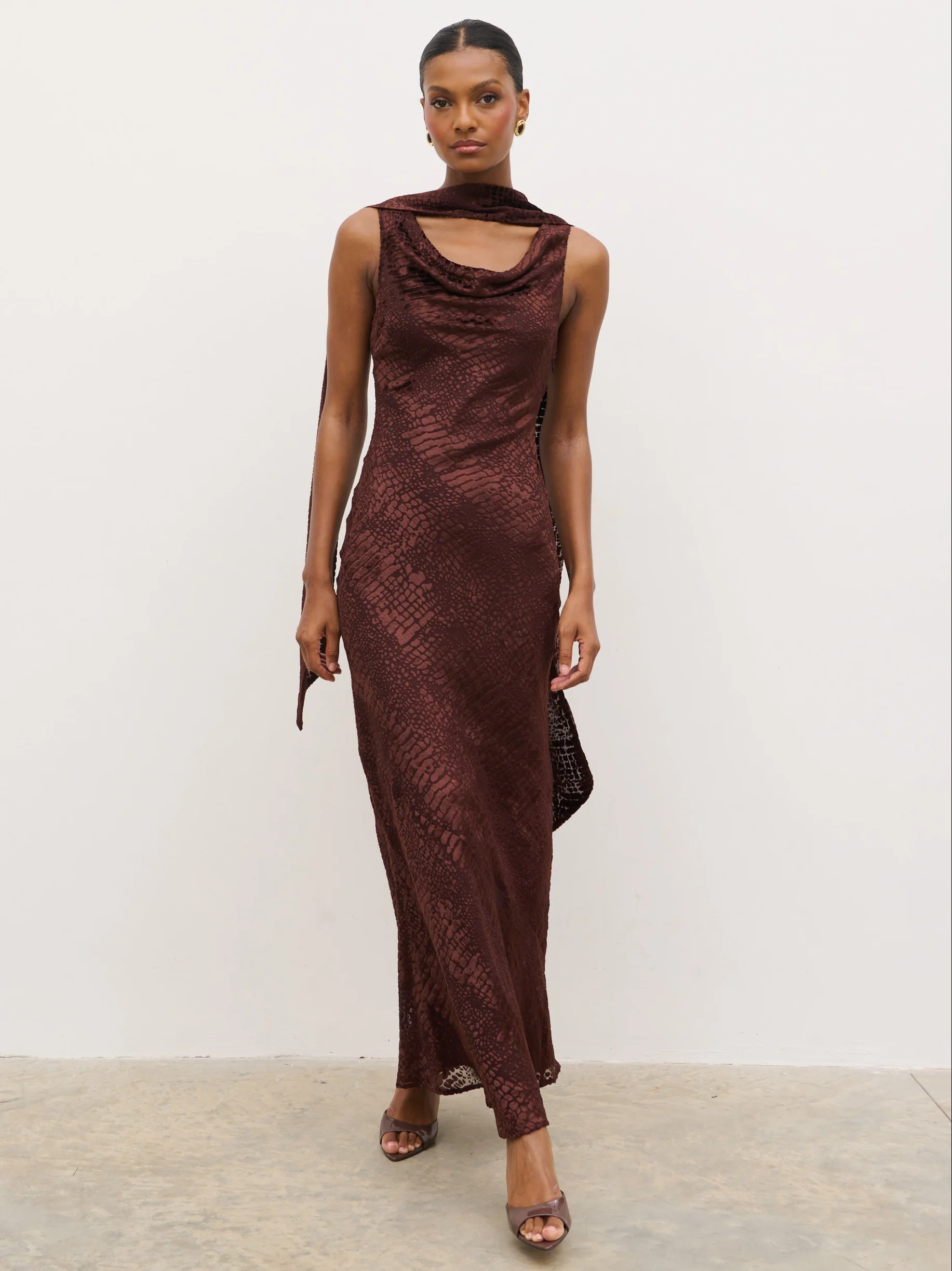 Ainsley Cowl Devore Neck Maxi Slip - Brown - Image 7