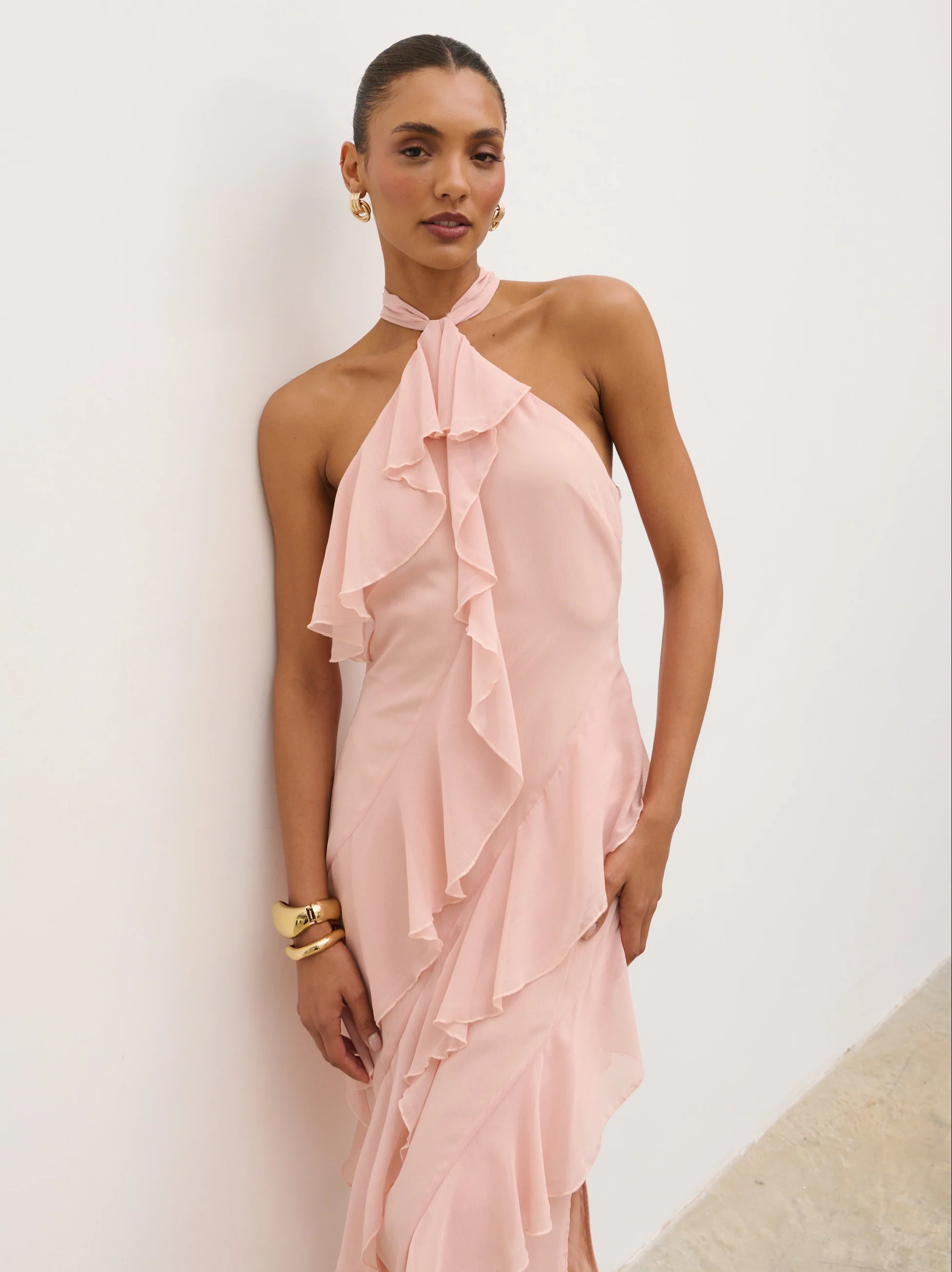 Aria Halterneck Ruffle Midaxi Dress - Dusty Rose - Image 3
