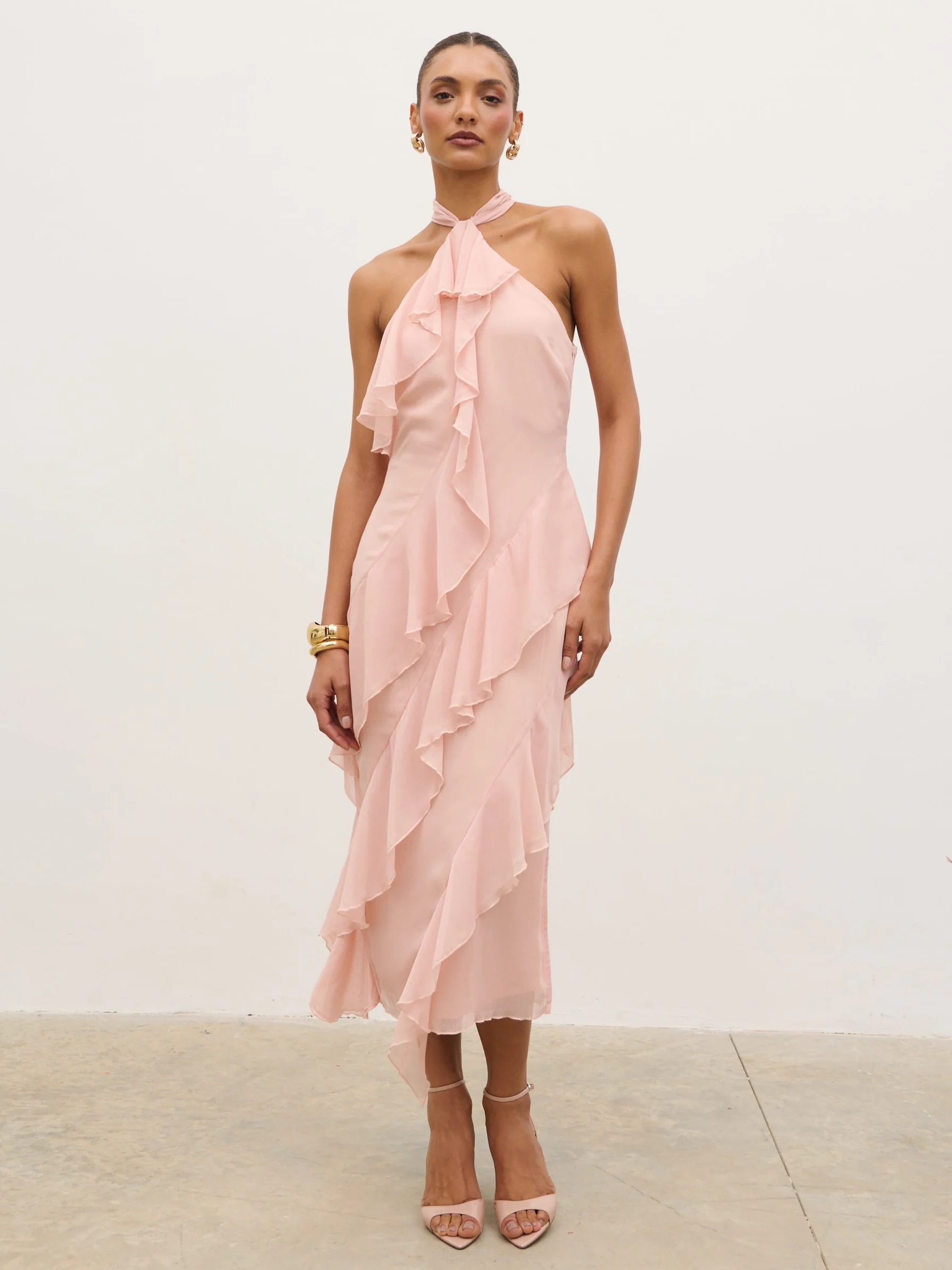 Aria Halterneck Ruffle Midaxi Dress - Dusty Rose - Image 4