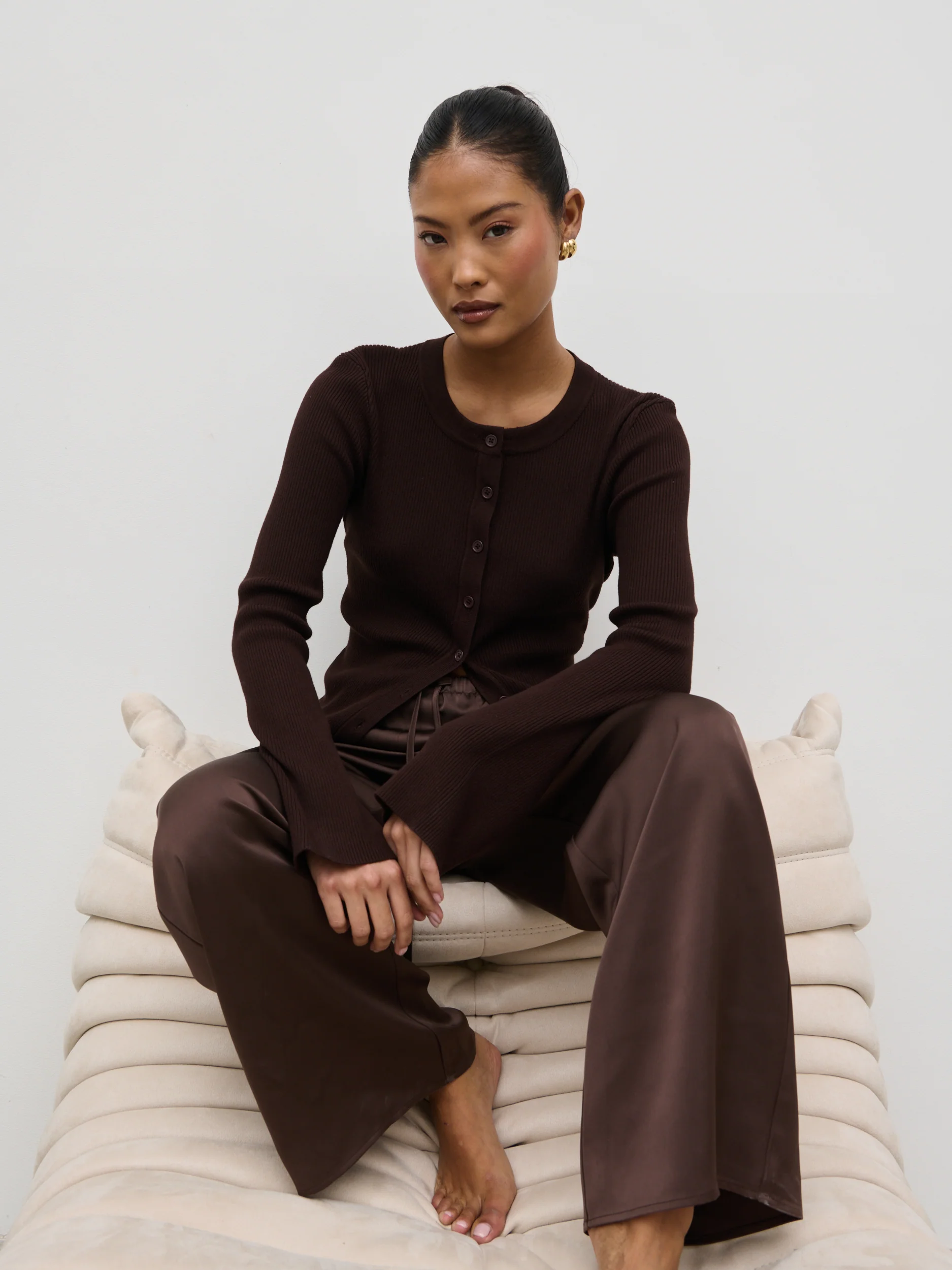 Breya Satin Drawstring Trousers - Chocolate Brown