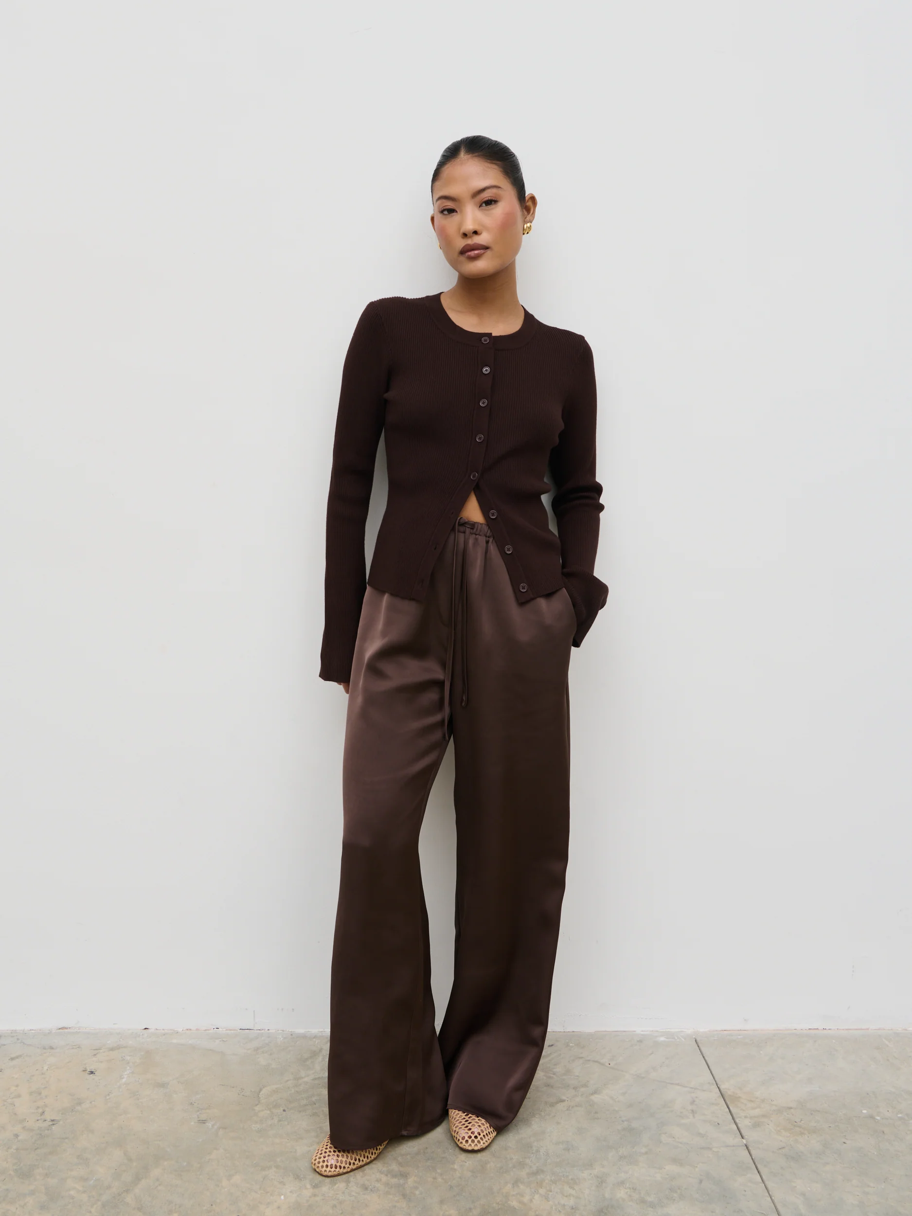 Breya Satin Drawstring Trousers - Chocolate Brown - Image 3