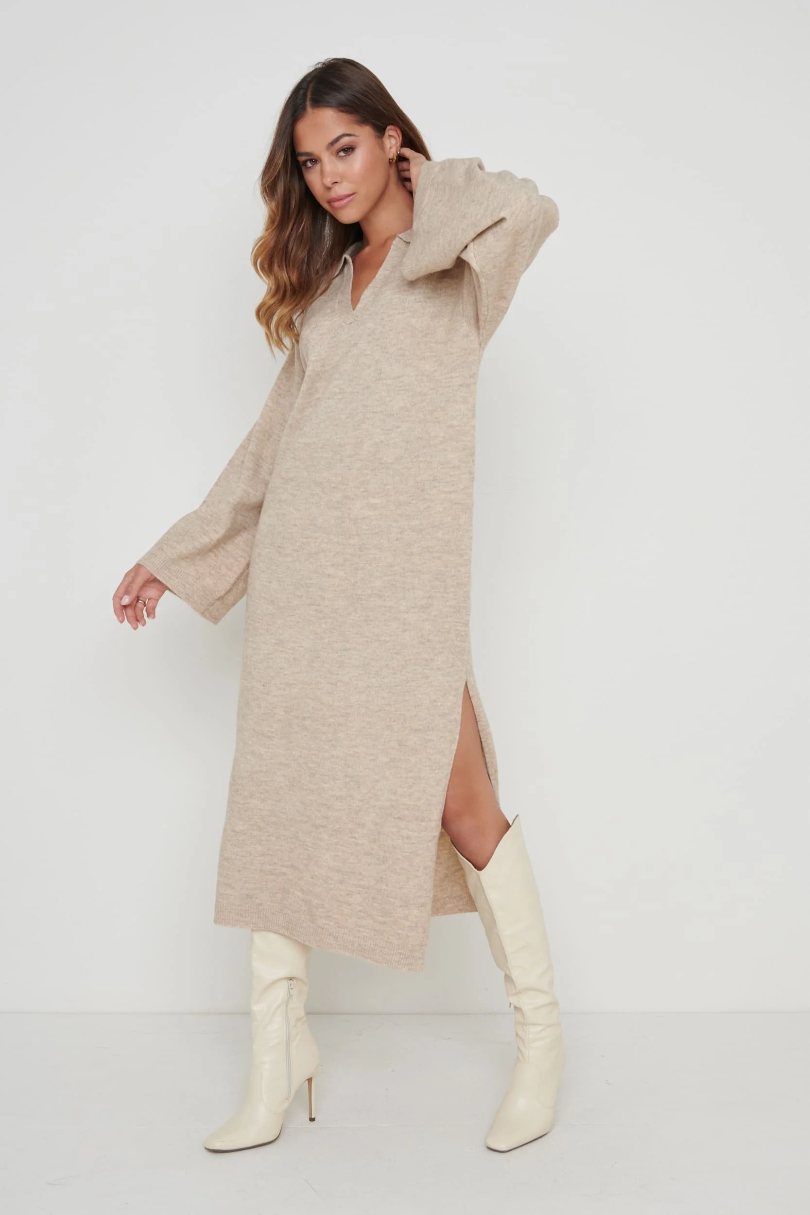 Cas Collared Knit Dress - Beige - Image 3
