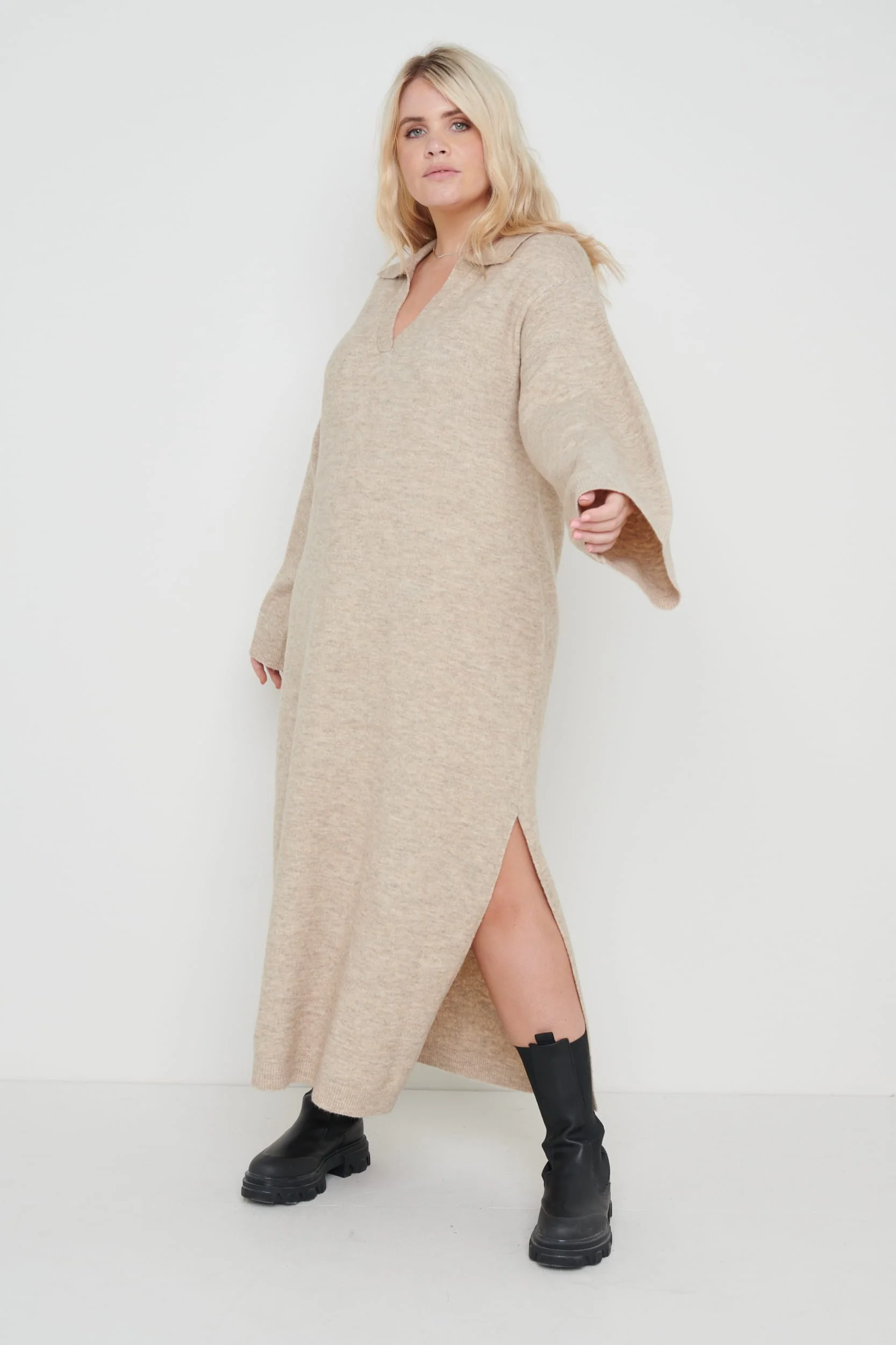 Cas Collared Knit Dress - Beige - Image 5