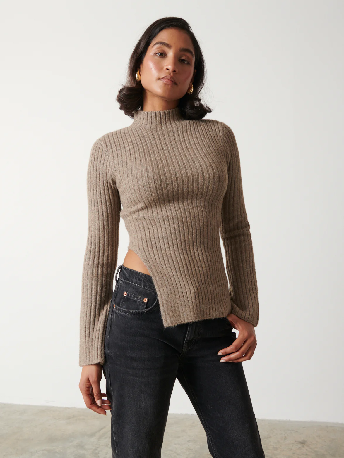 Charley Turtle Neck Asymmetric Hem Knit Top - Mushroom - Image 2