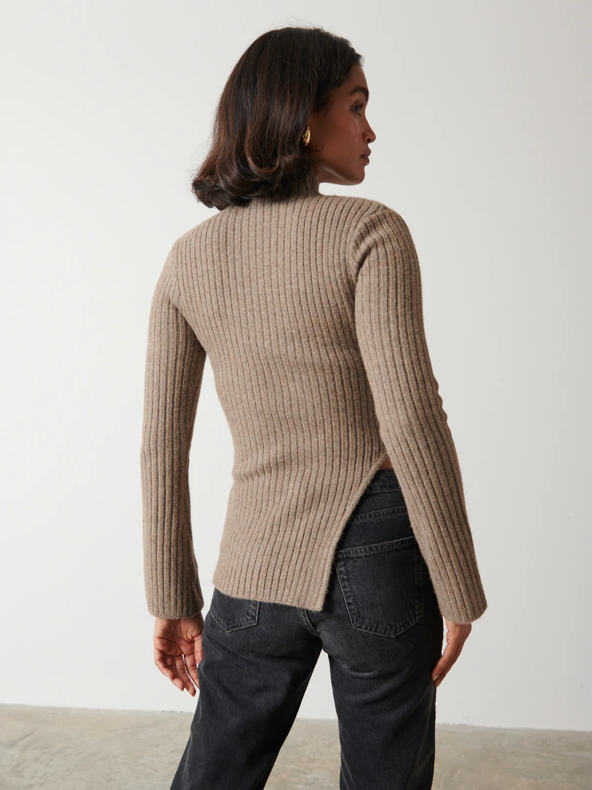 Charley Turtle Neck Asymmetric Hem Knit Top - Mushroom - Image 3