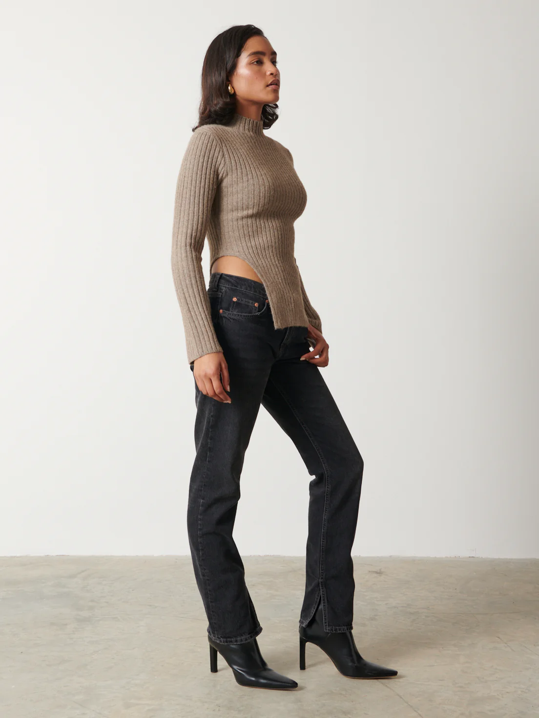 Charley Turtle Neck Asymmetric Hem Knit Top - Mushroom - Image 4
