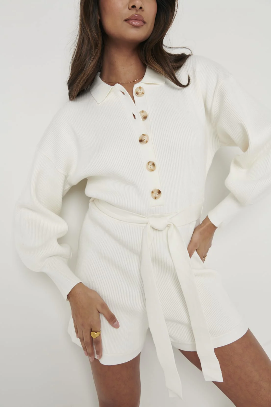 Darcie Balloon Sleeve Knit Playsuit - Cream - Image 4