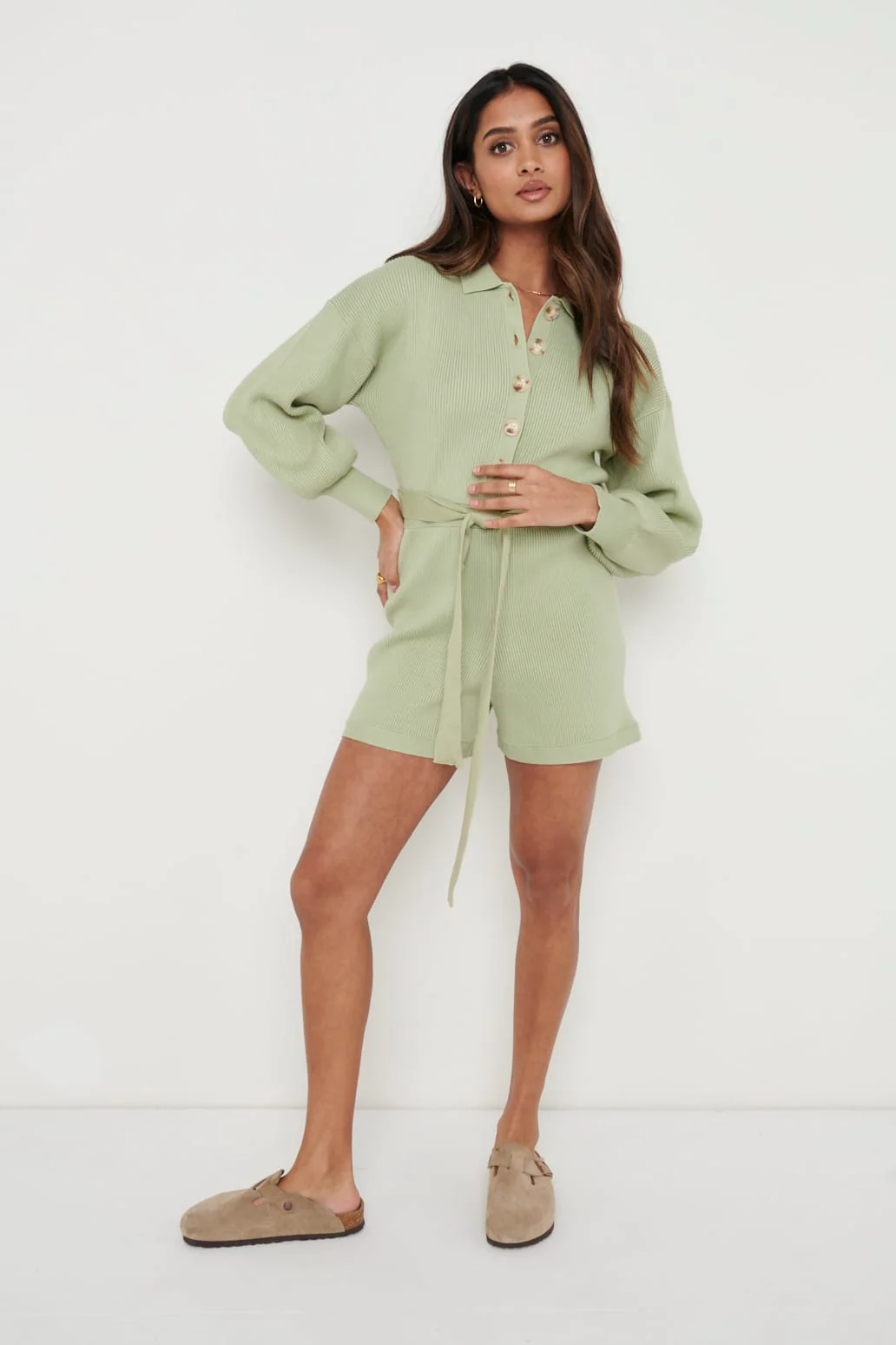 Darcie Balloon Sleeve Knit Playsuit - Olive Green - Image 3