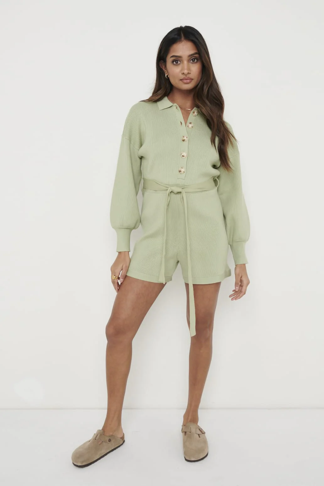 Darcie Balloon Sleeve Knit Playsuit - Olive Green - Image 4