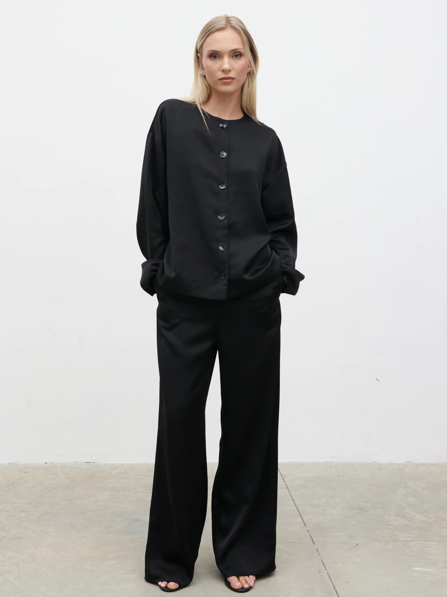 Dua Satin Button Blouse - Black