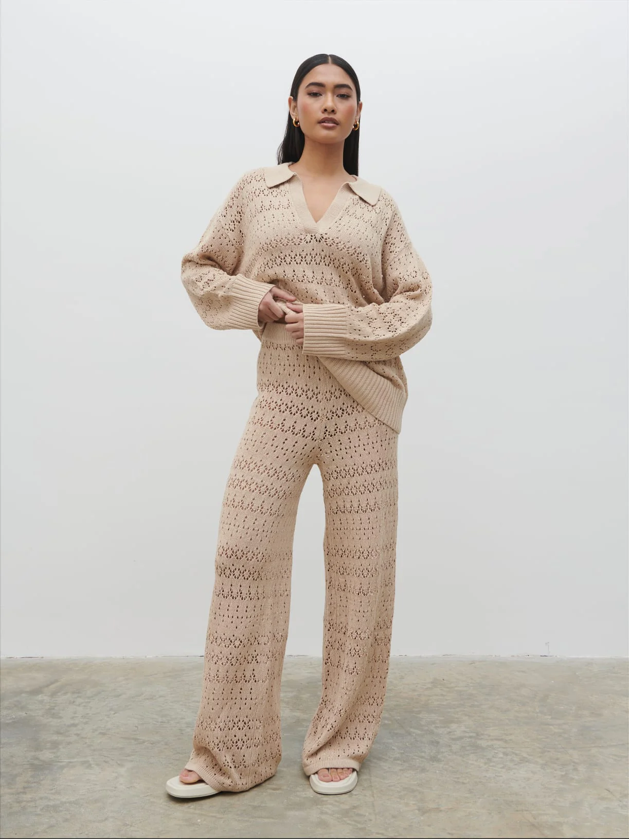 Eda Crotchet Knit Trousers - Oatmeal - Image 2