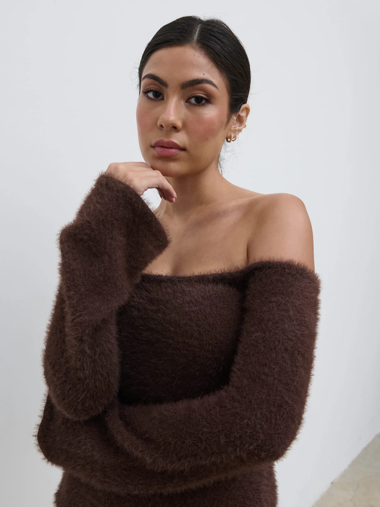 Erika Bardot Fluffy Knit Top - Chocolate - Image 2