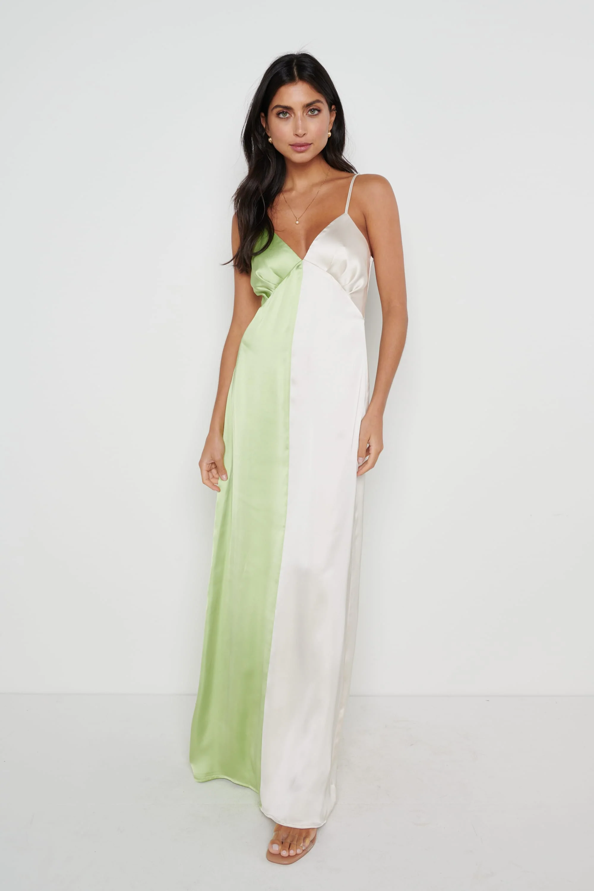 Esmee Contrast Slip Dress - Green and Oyster