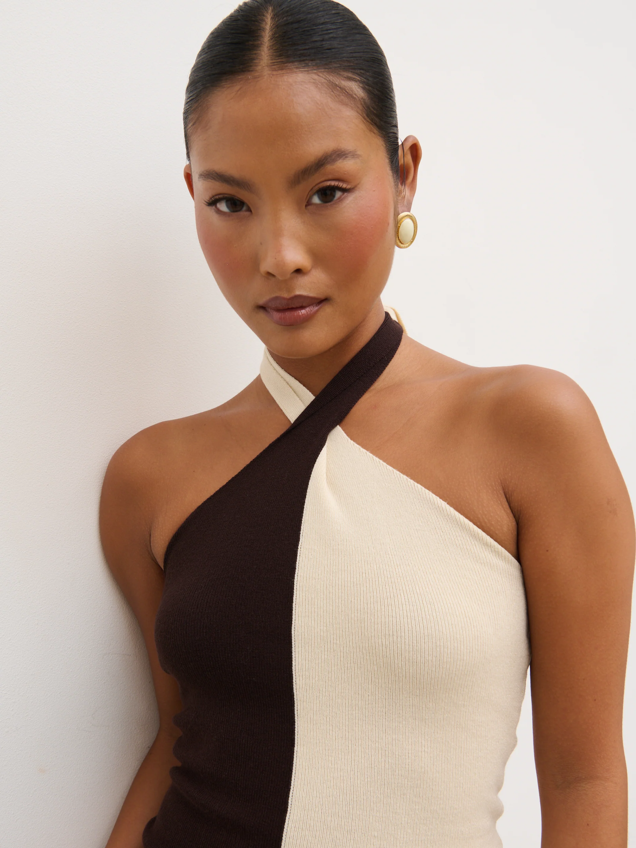 Estelle Halter Neck Knit Top - Brown and Cream - Image 3