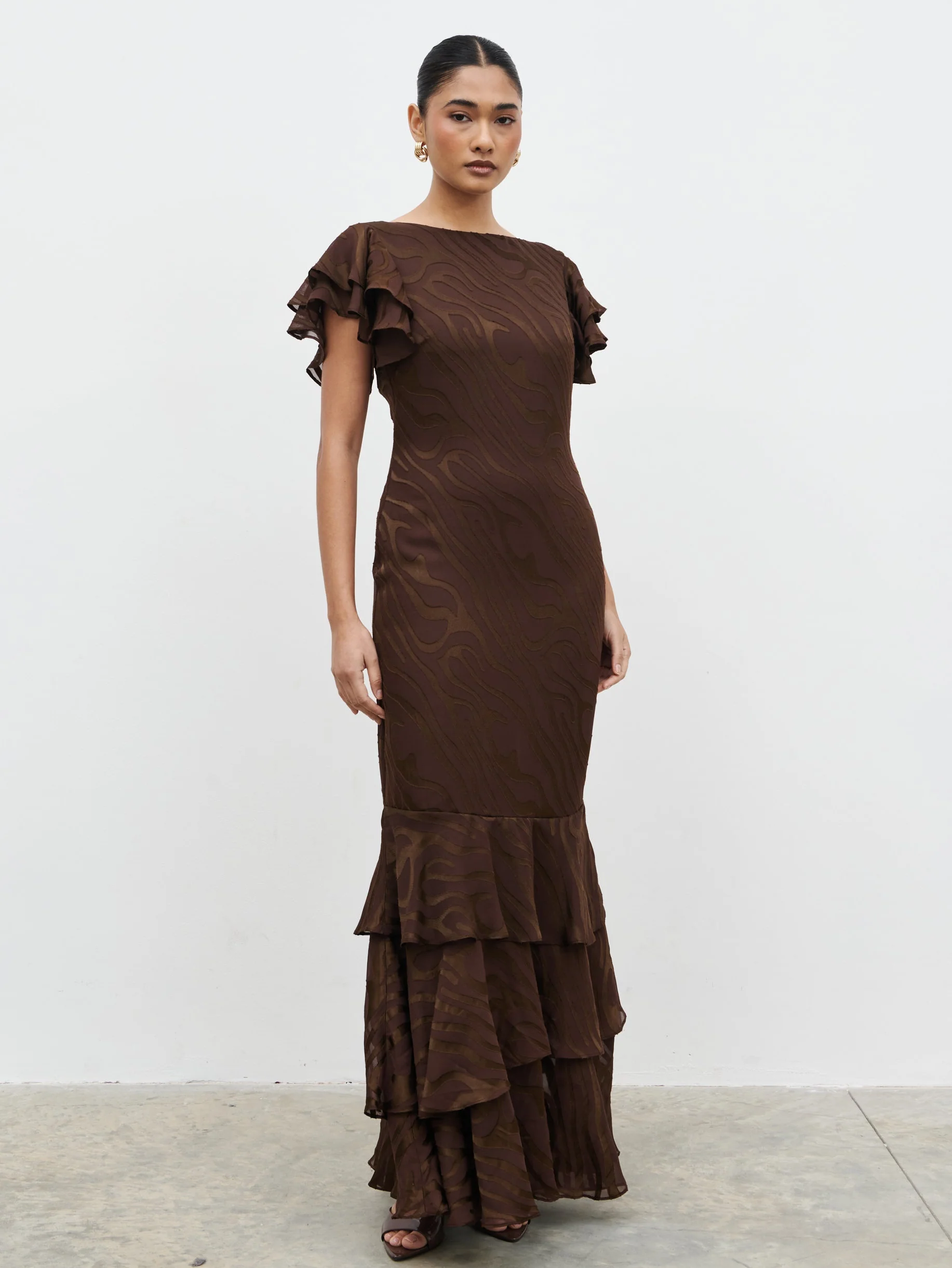 Ester Ruffle Jacquard Maxi Dress - Brown Devore