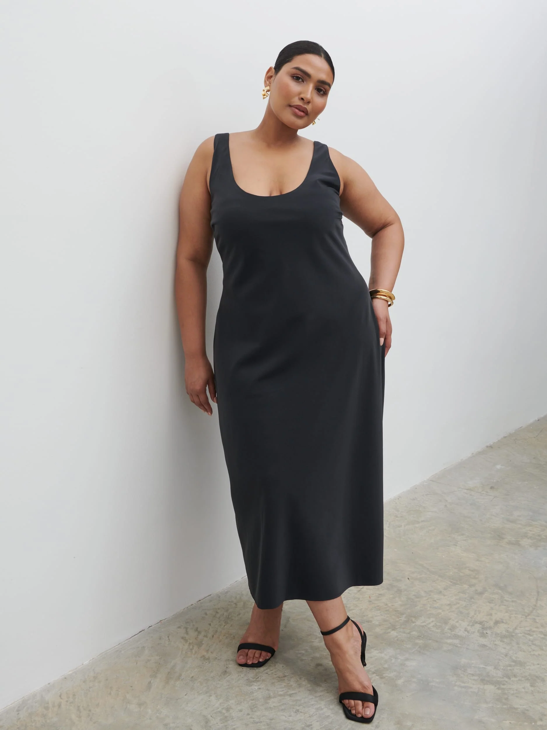 Evelyn Satin Slip Midaxi Dress Curve - Black