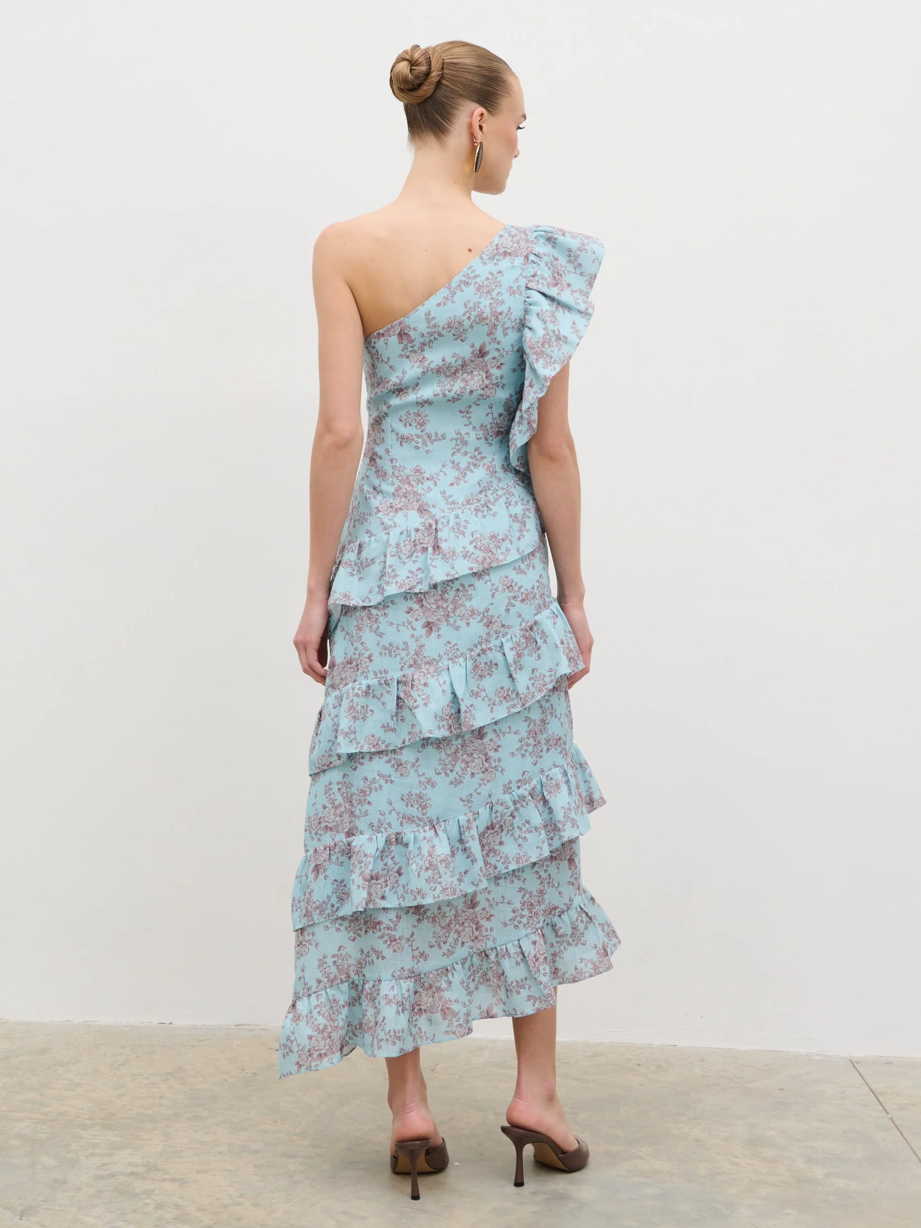 Fleur Tiered Frill One Shoulder Midaxi Dress - Seaspray and Brown Floral - Image 11