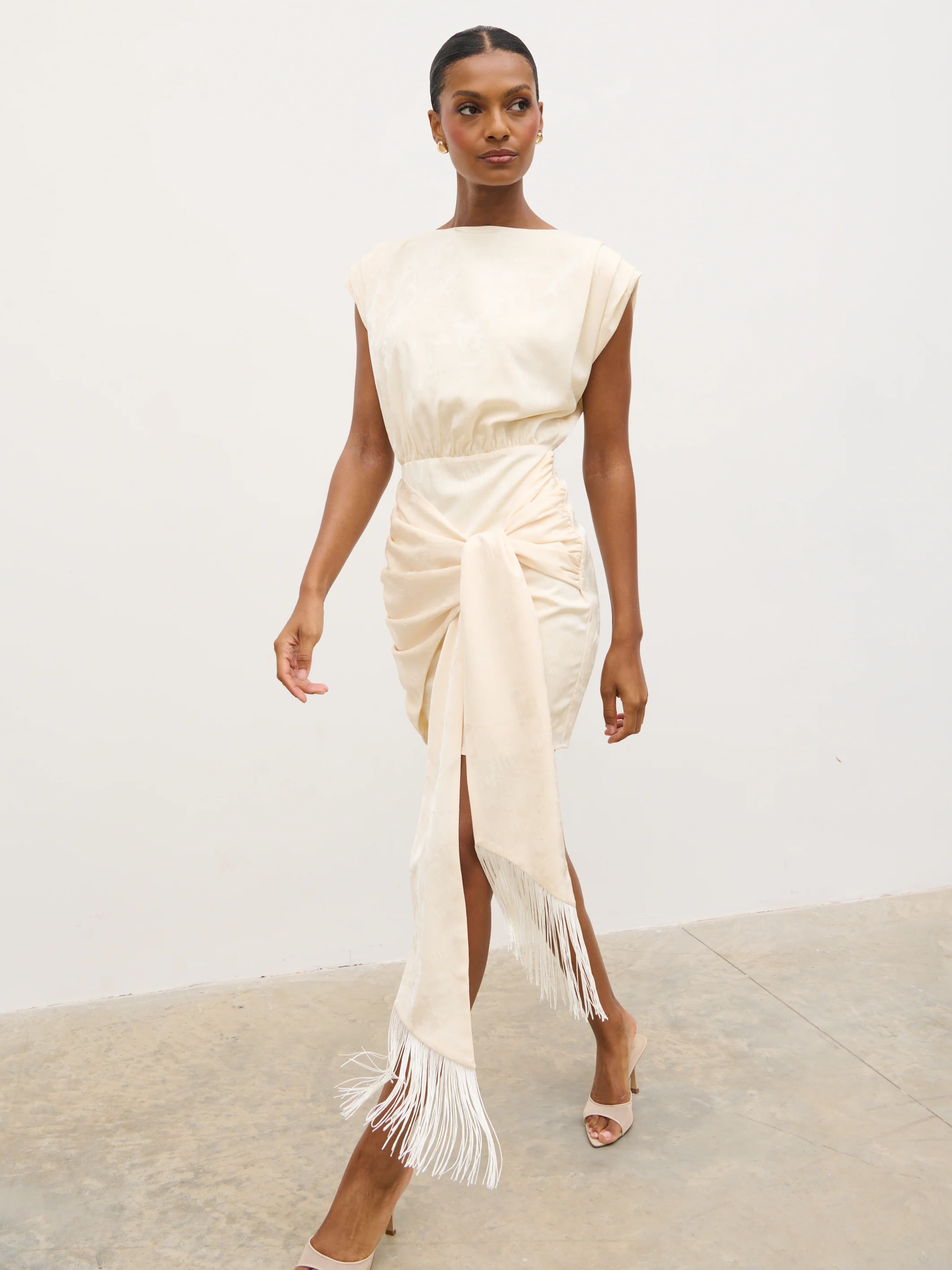 Hattie Jacquard Mini Fringed Dress - Cream - Image 2