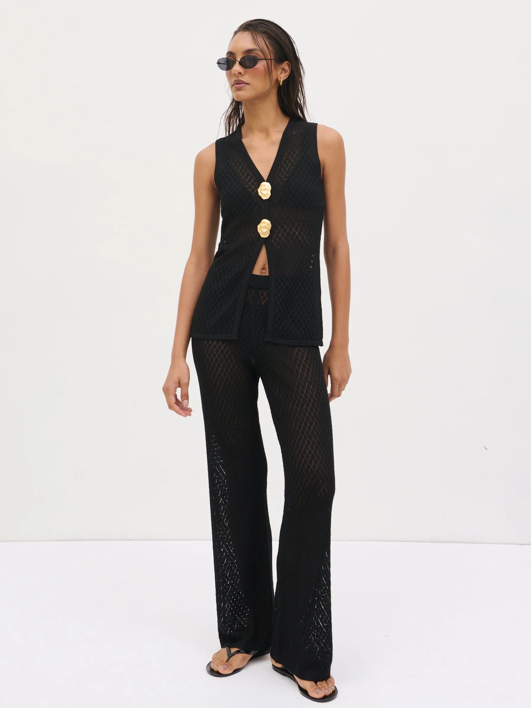 Imani Pointelle Knit Waistcoat - Black