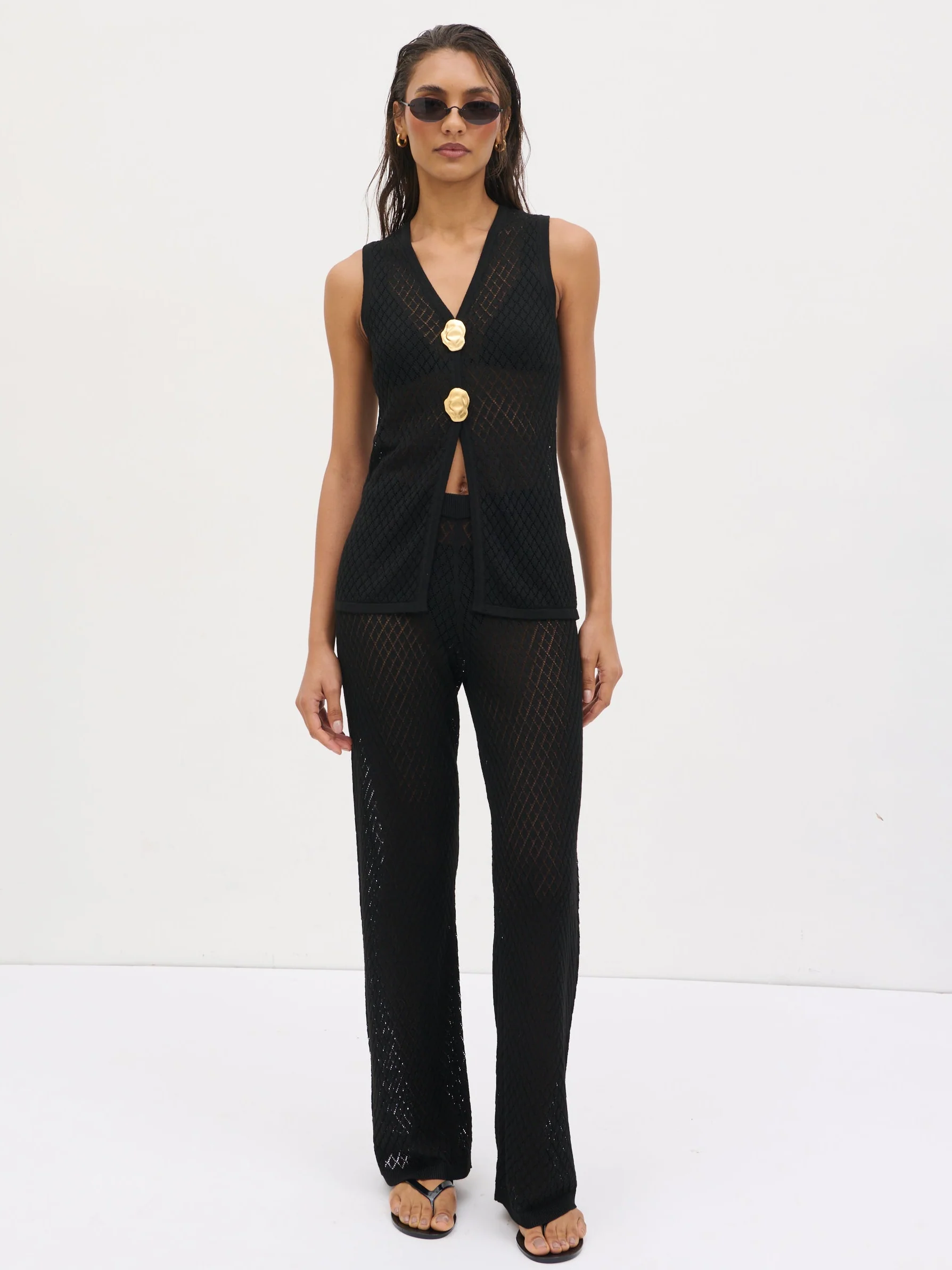 Imani Pointelle Knit Waistcoat - Black - Image 7
