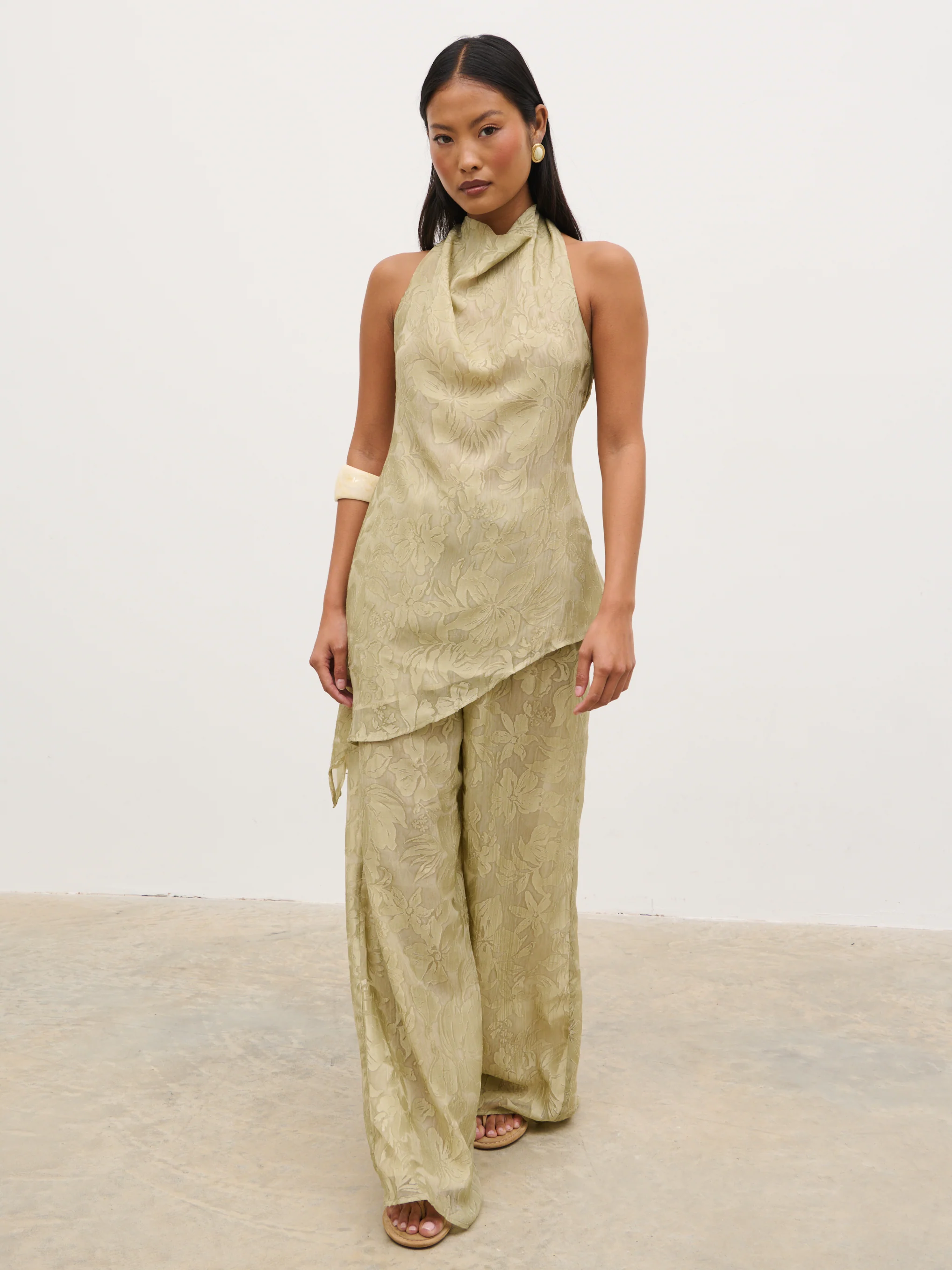 Inca Asymmetric Cowl Neck Top - Olive Jacquard Floral - Image 2