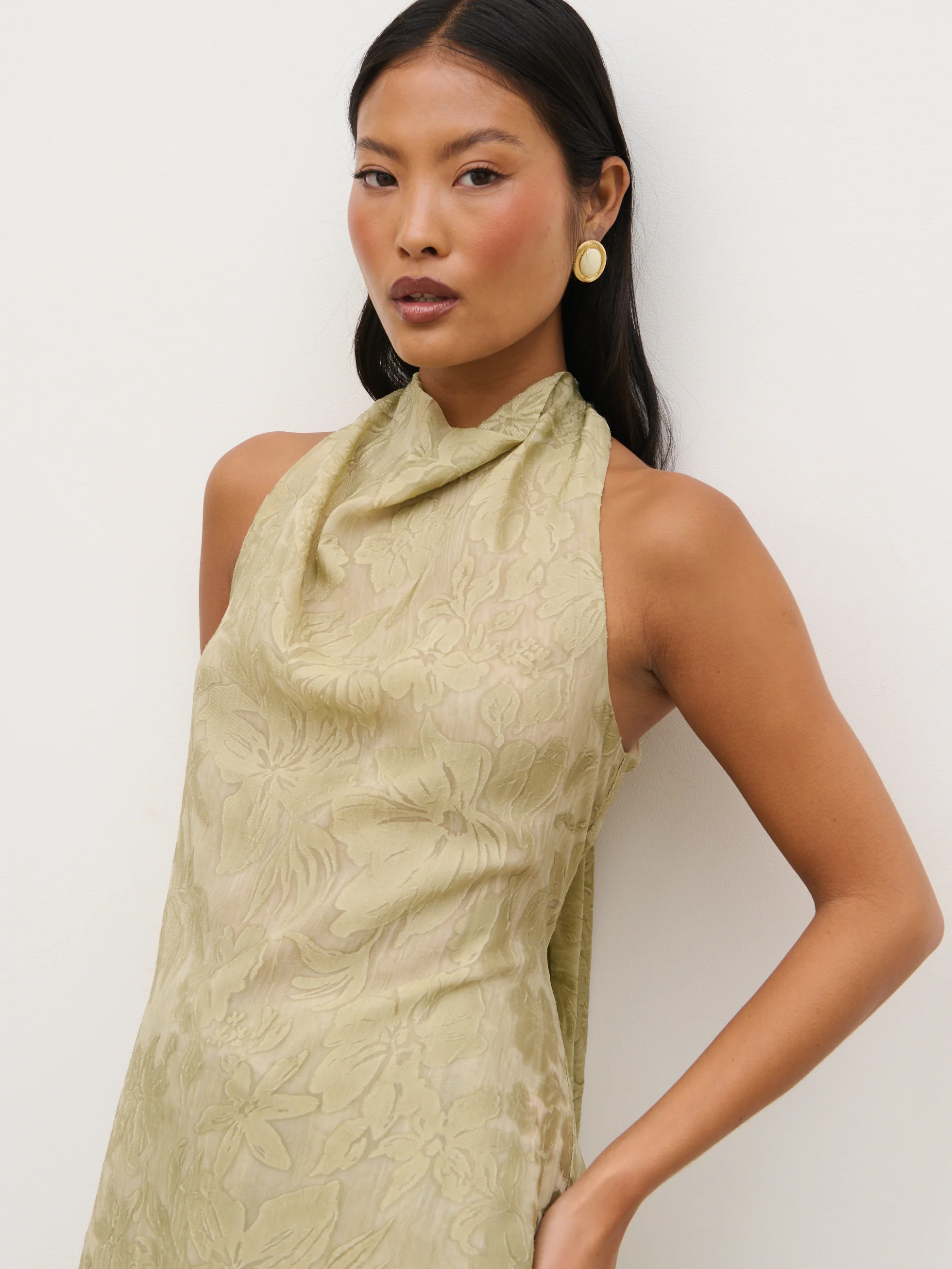 Inca Asymmetric Cowl Neck Top - Olive Jacquard Floral - Image 4