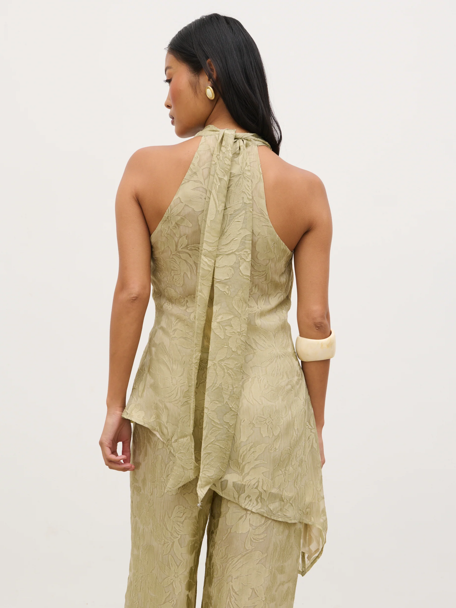 Inca Asymmetric Cowl Neck Top - Olive Jacquard Floral - Image 5