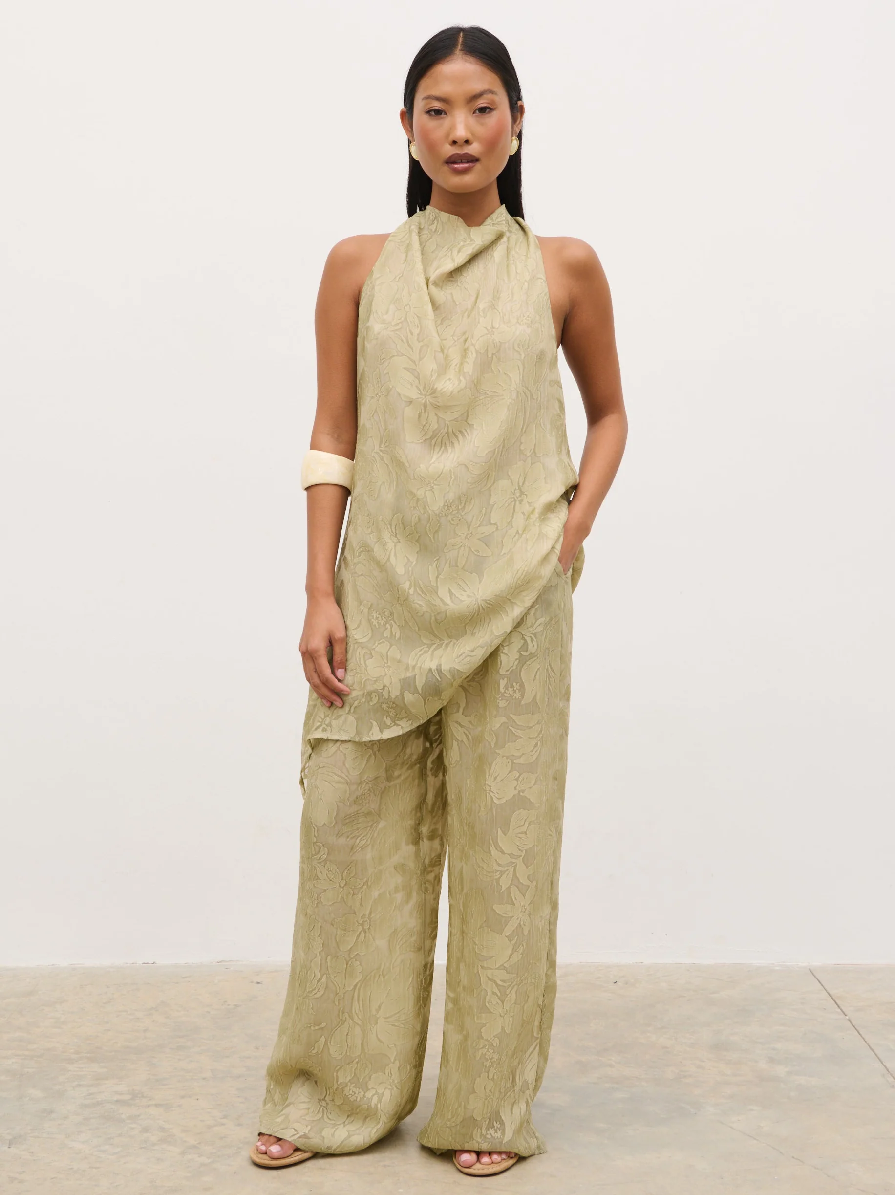 Inca Drawstring Trousers - Olive Jacquard Floral - Image 3