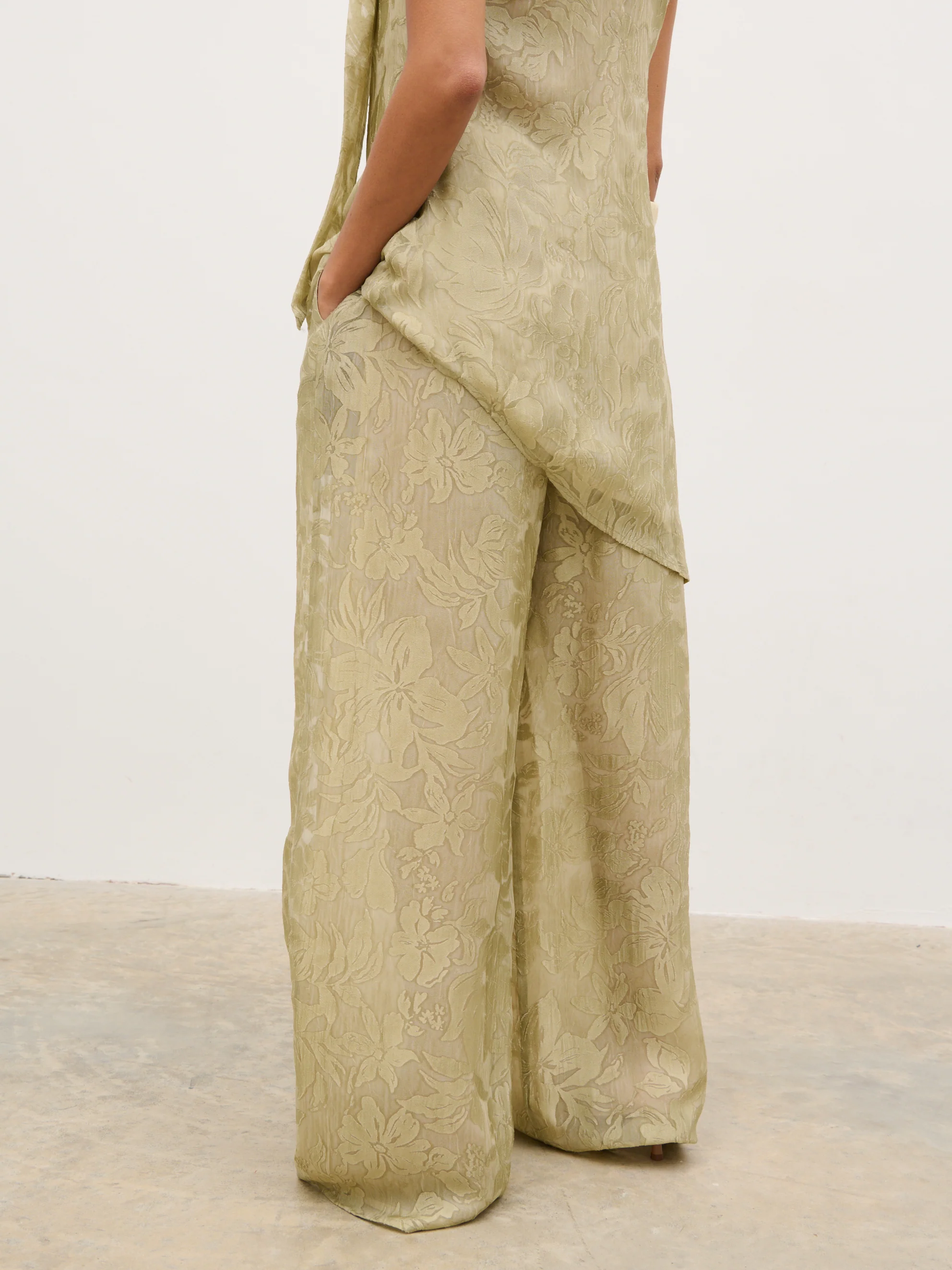 Inca Drawstring Trousers - Olive Jacquard Floral - Image 6