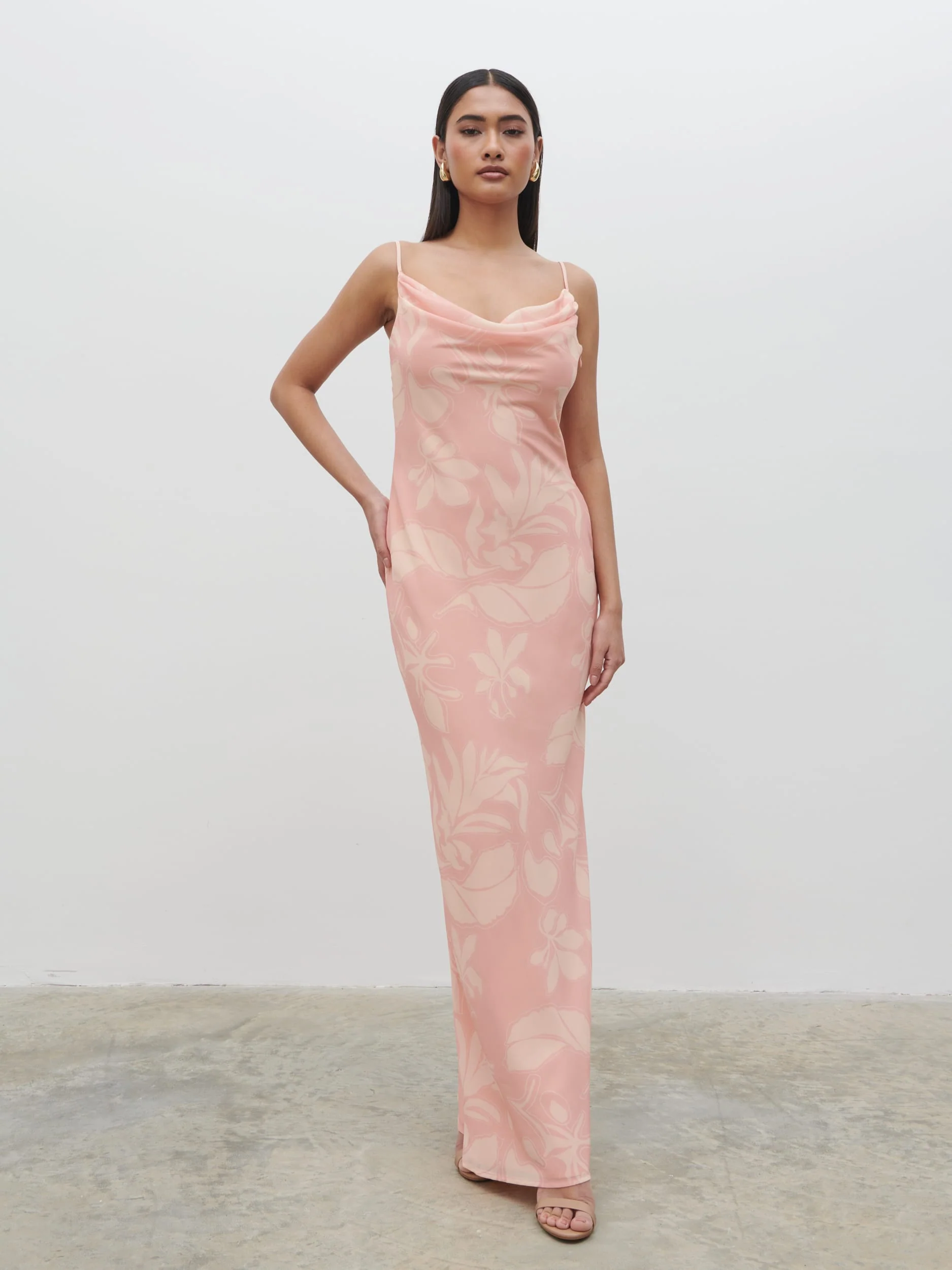 Keisha Ruched Chiffon Maxi Dress - Blush Abstract Leaf