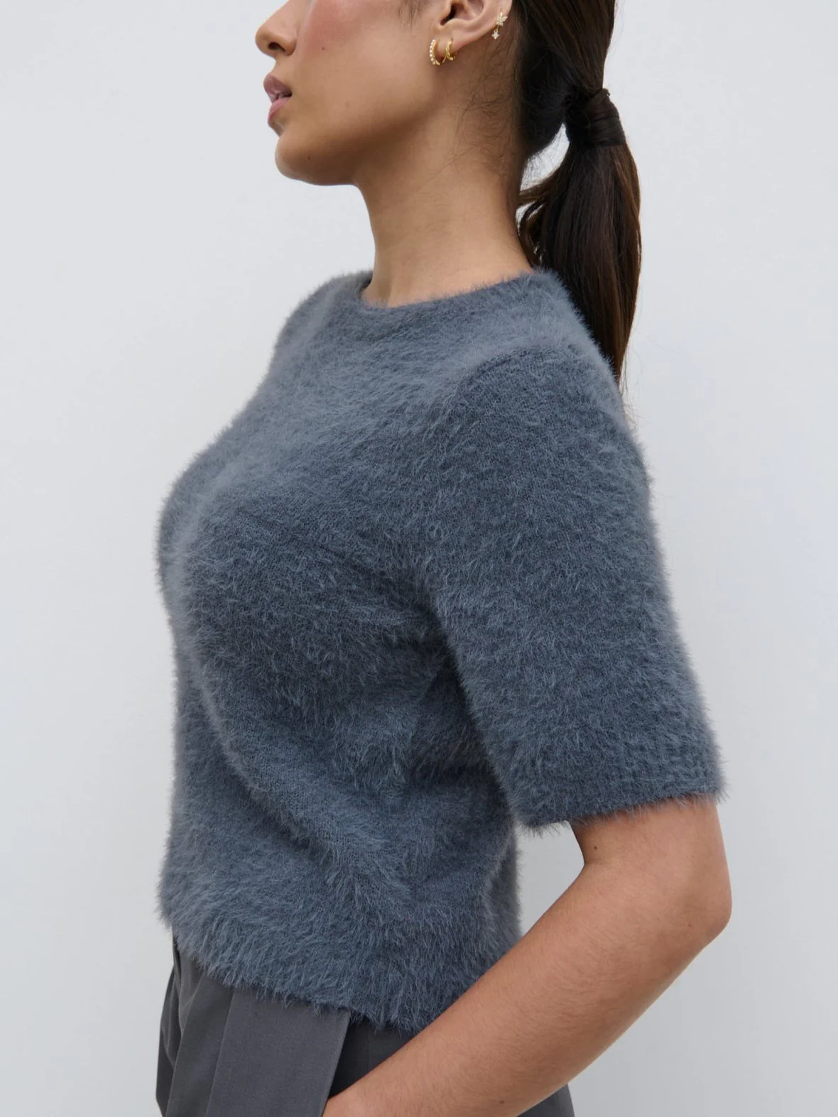 Kelly Cropped Fluffy Knit T-Shirt - Charcoal - Image 2