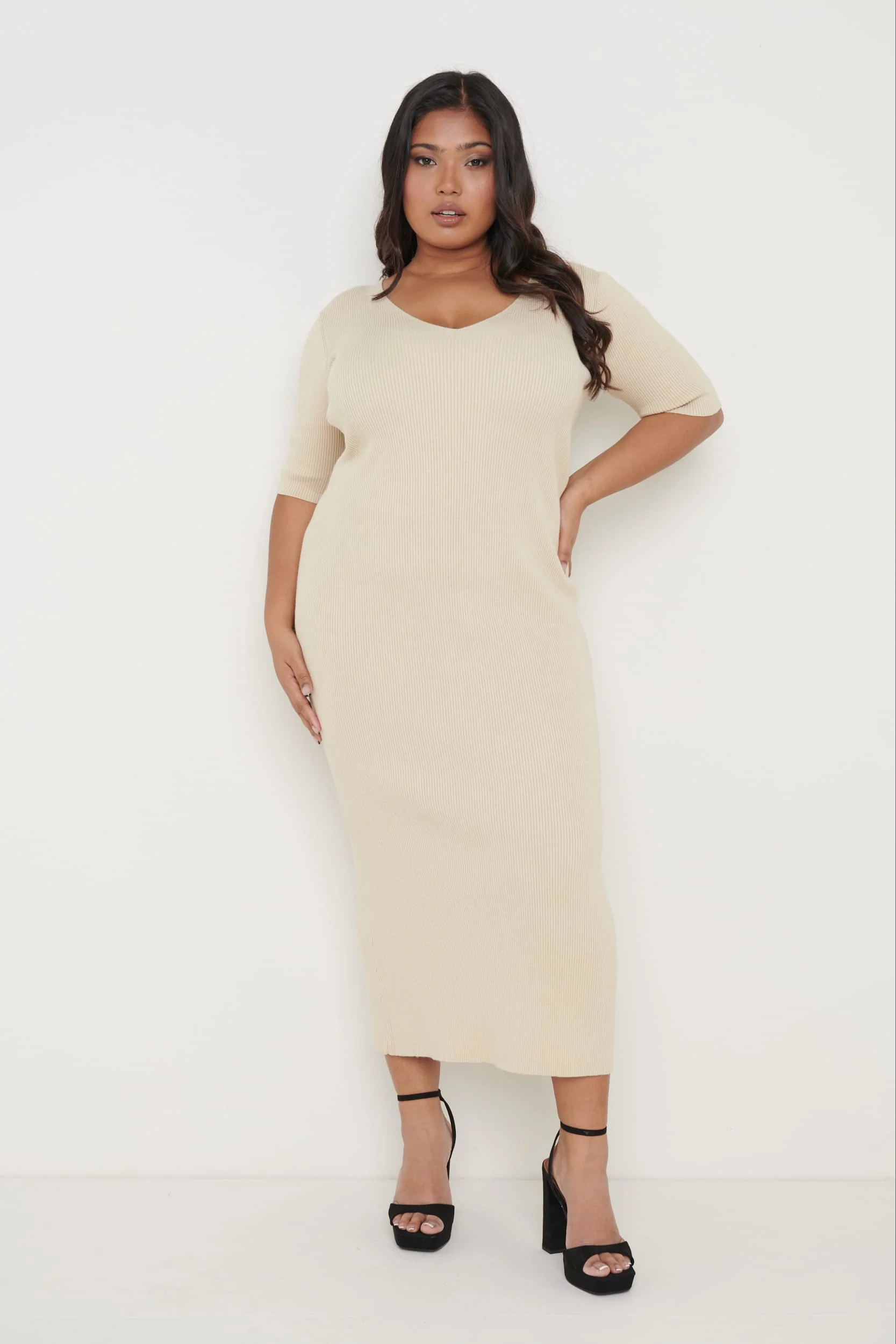 Lara Ribbed Midi Dress - Beige - Image 6