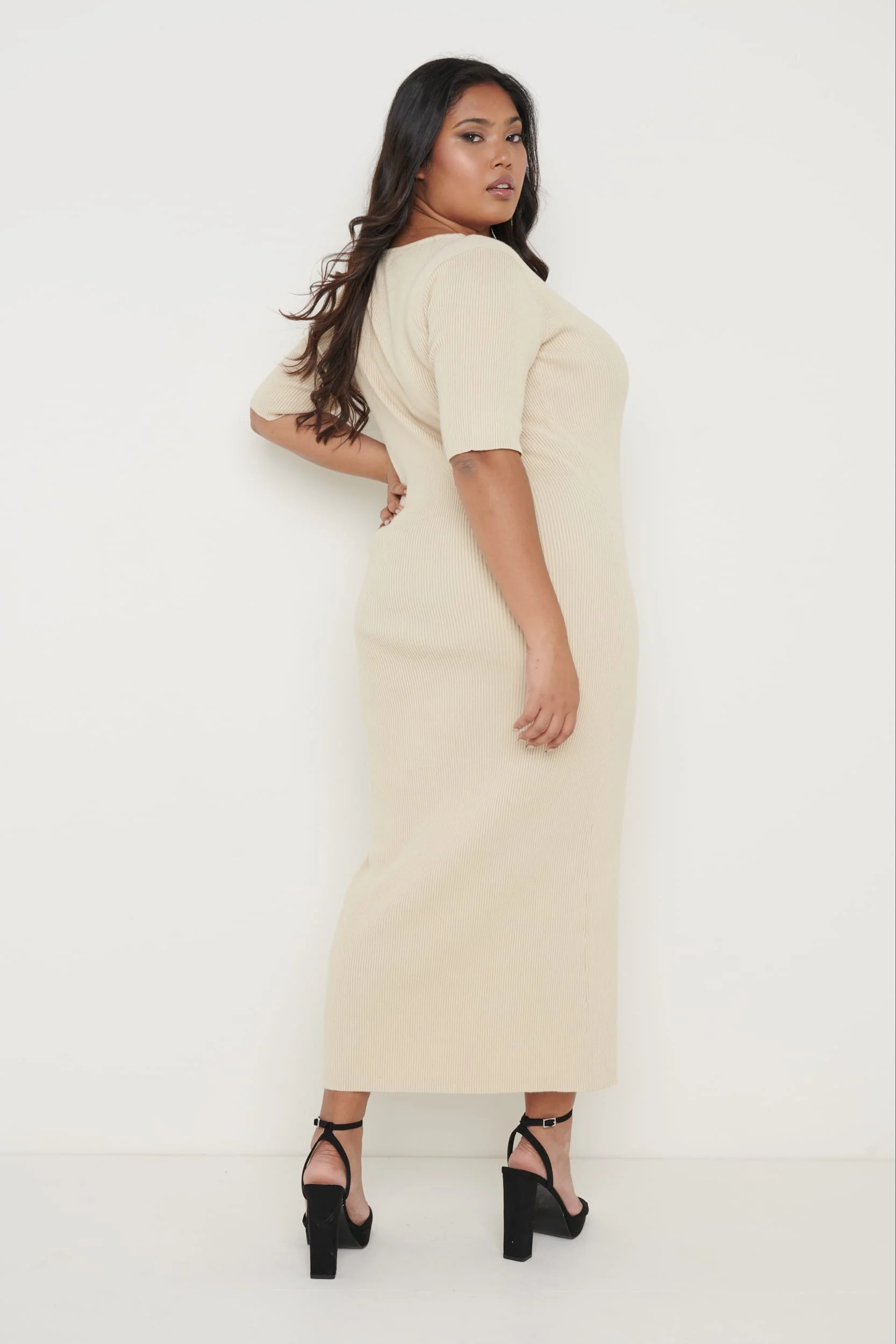 Lara Ribbed Midi Dress - Beige - Image 7