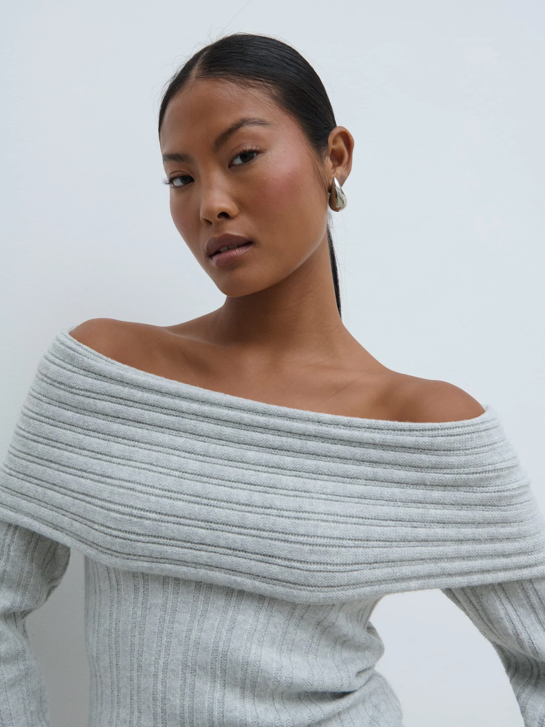 Petra Bardot Cosy Rib Knit Jumper - Grey Marl - Image 2