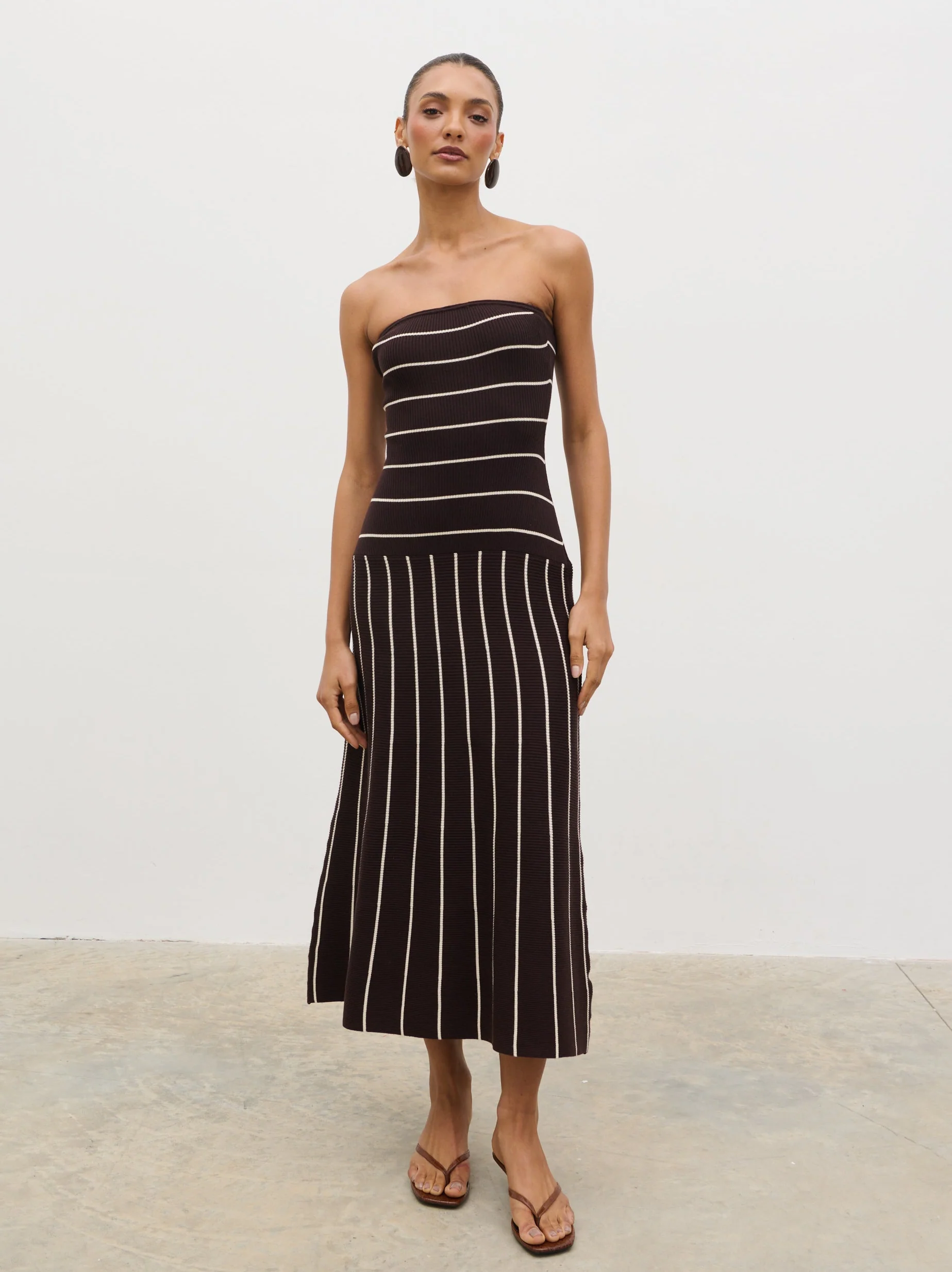 Pixie Bandeau Stripe Knit Long Midaxi Dress - Brown - Image 2