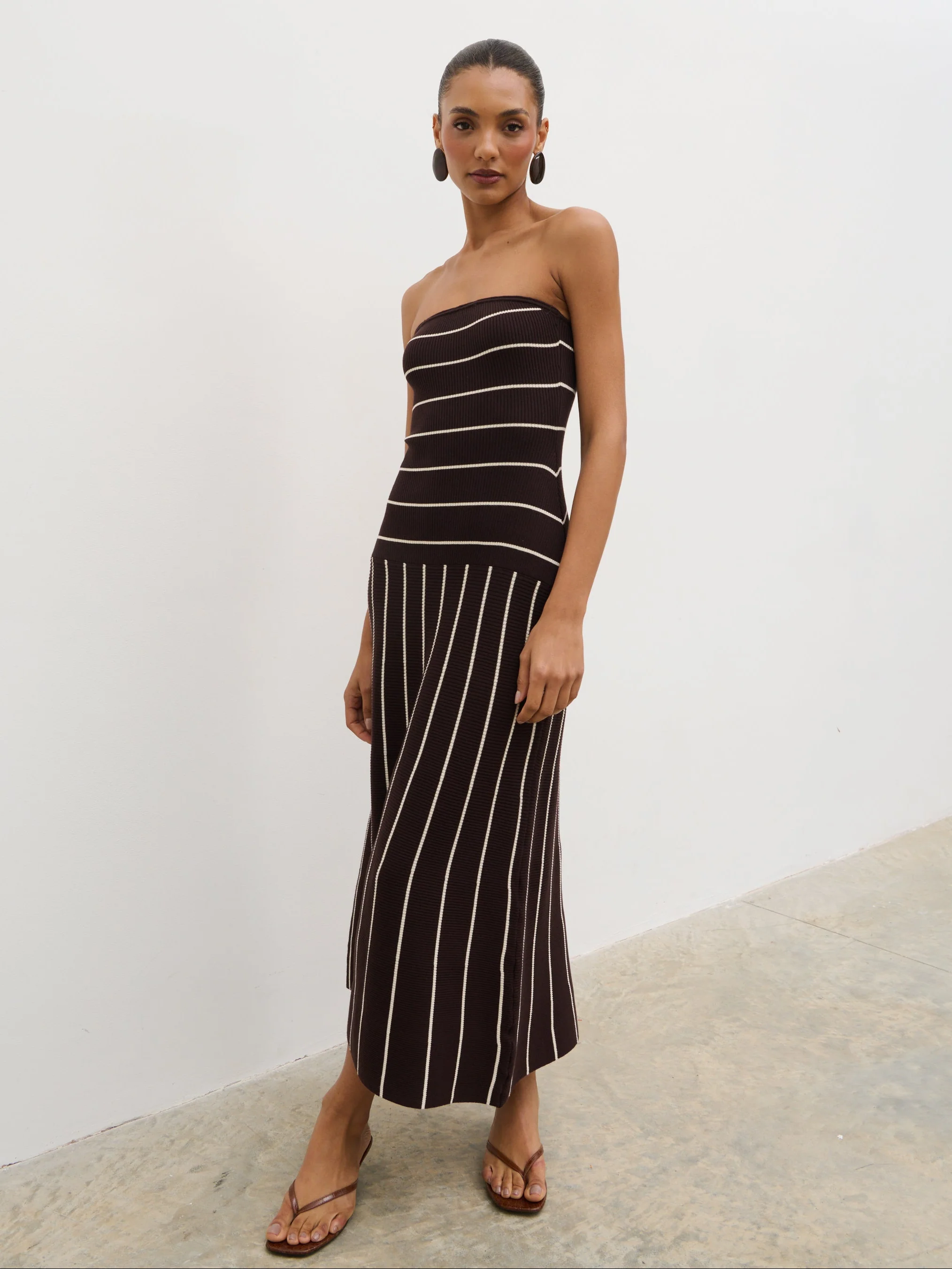 Pixie Bandeau Stripe Knit Long Midaxi Dress - Brown - Image 4