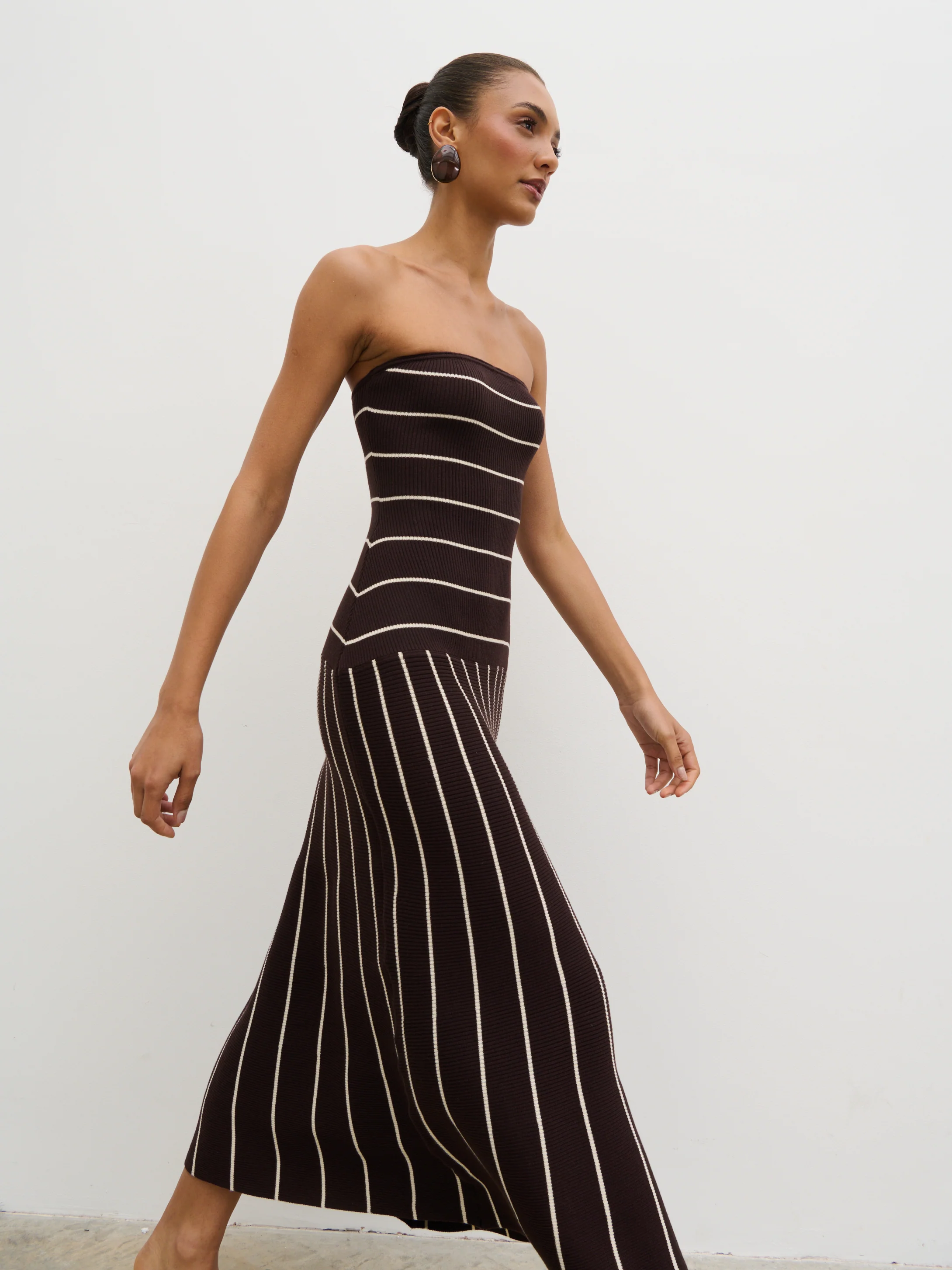 Pixie Bandeau Stripe Knit Long Midaxi Dress - Brown - Image 5