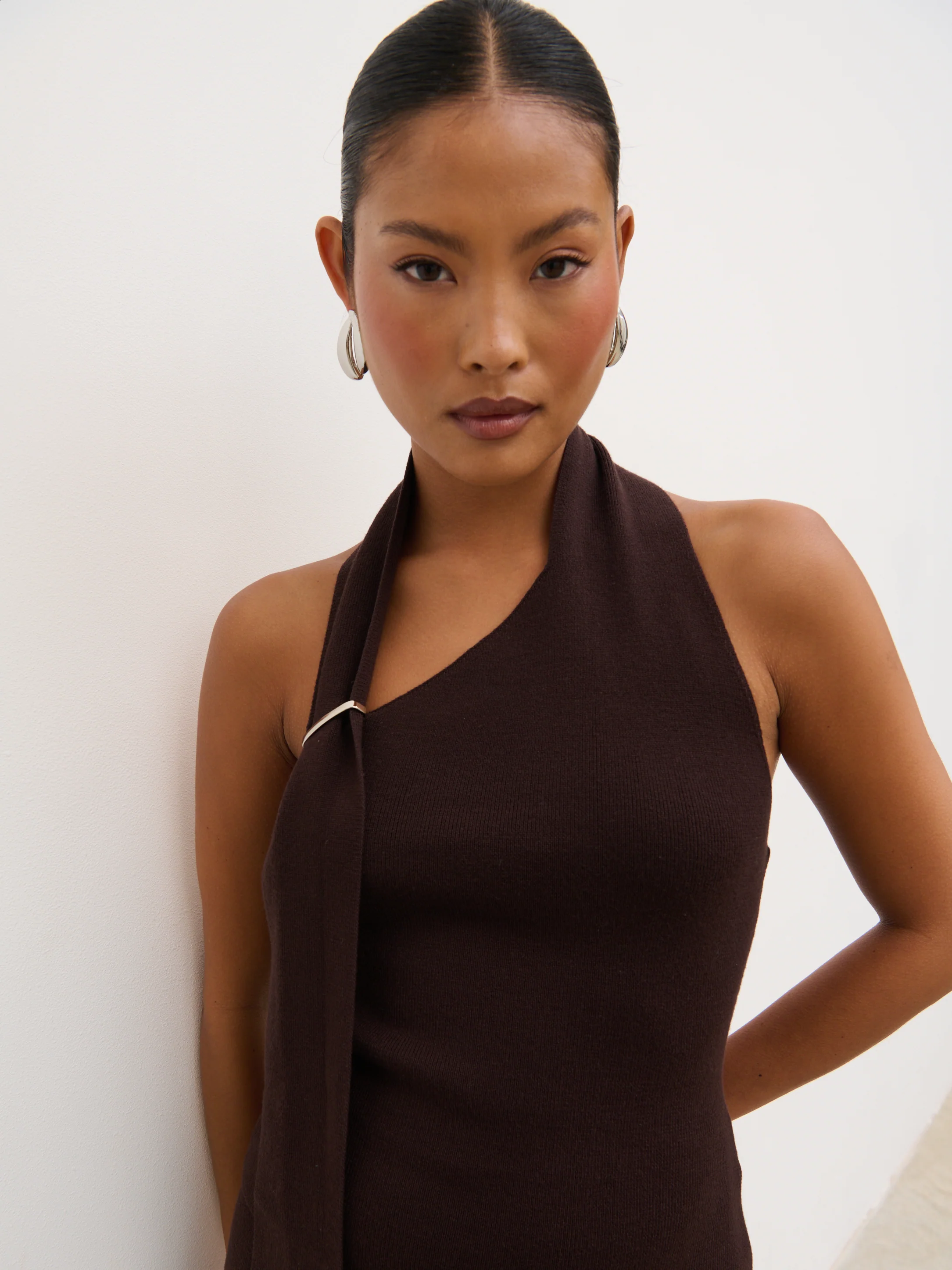 Polly Halterneck Wrap Scarf Knit Top - Chocolate - Image 3