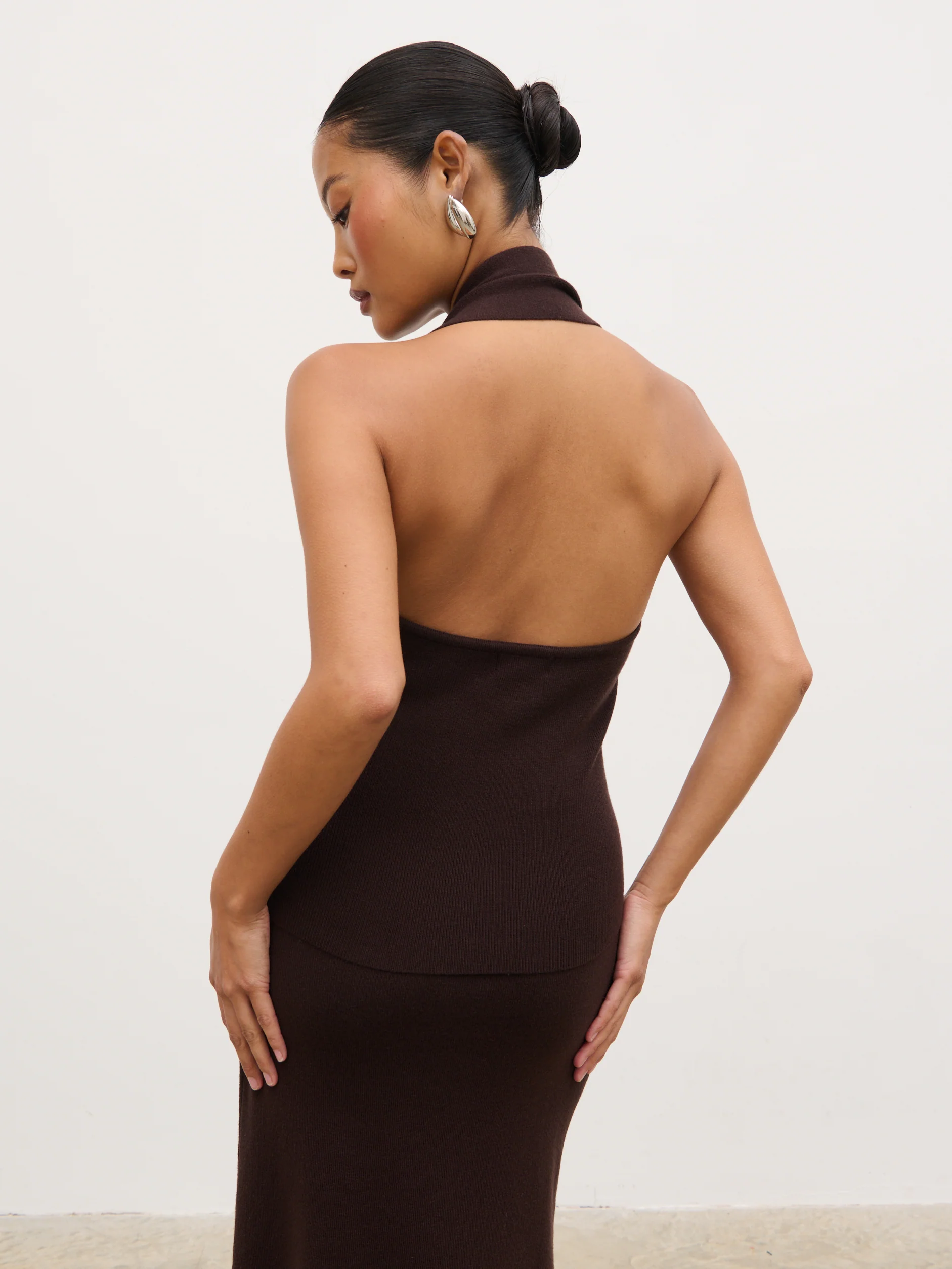 Polly Halterneck Wrap Scarf Knit Top - Chocolate - Image 4