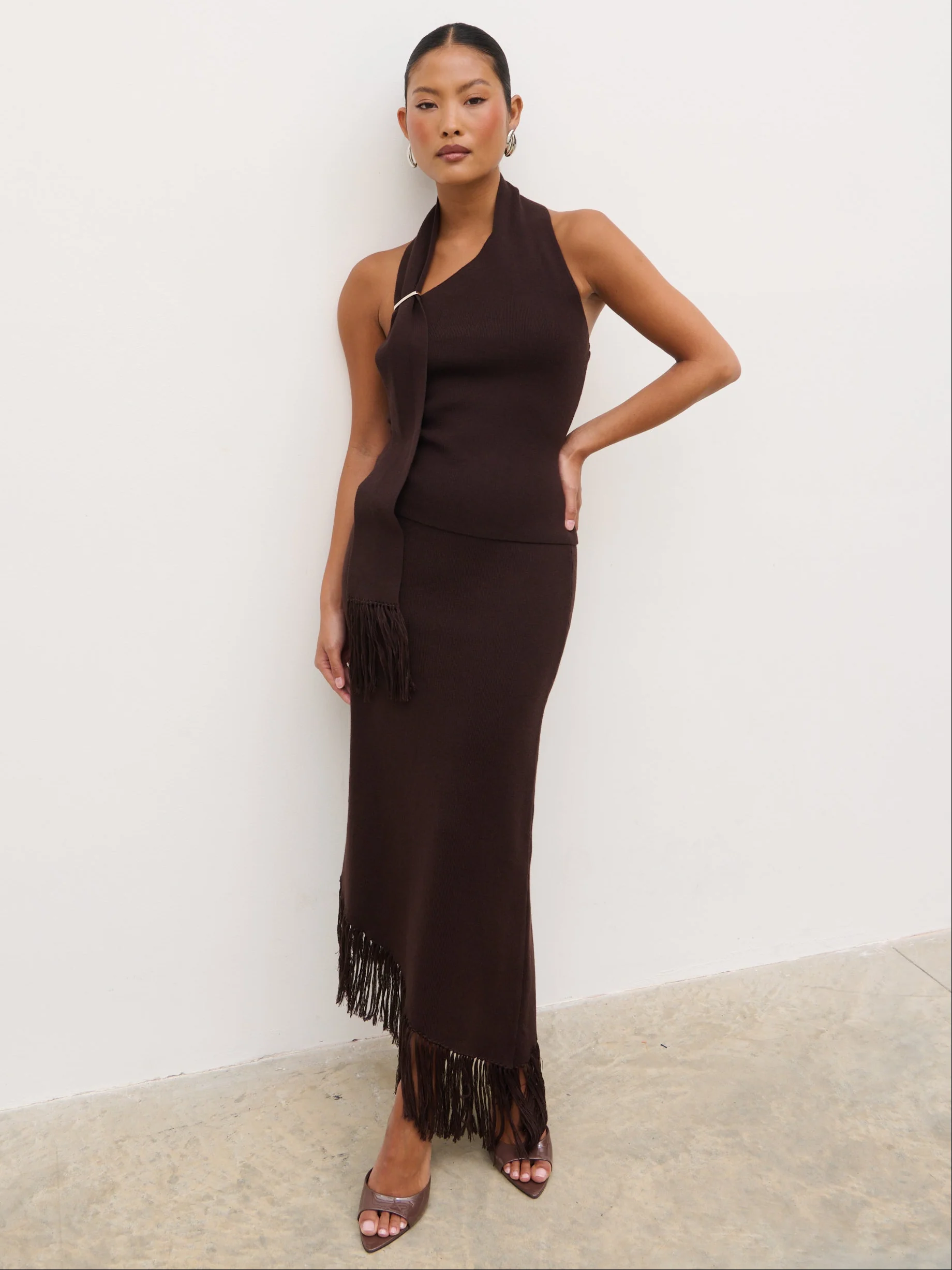 Polly Halterneck Wrap Scarf Knit Top - Chocolate - Image 5