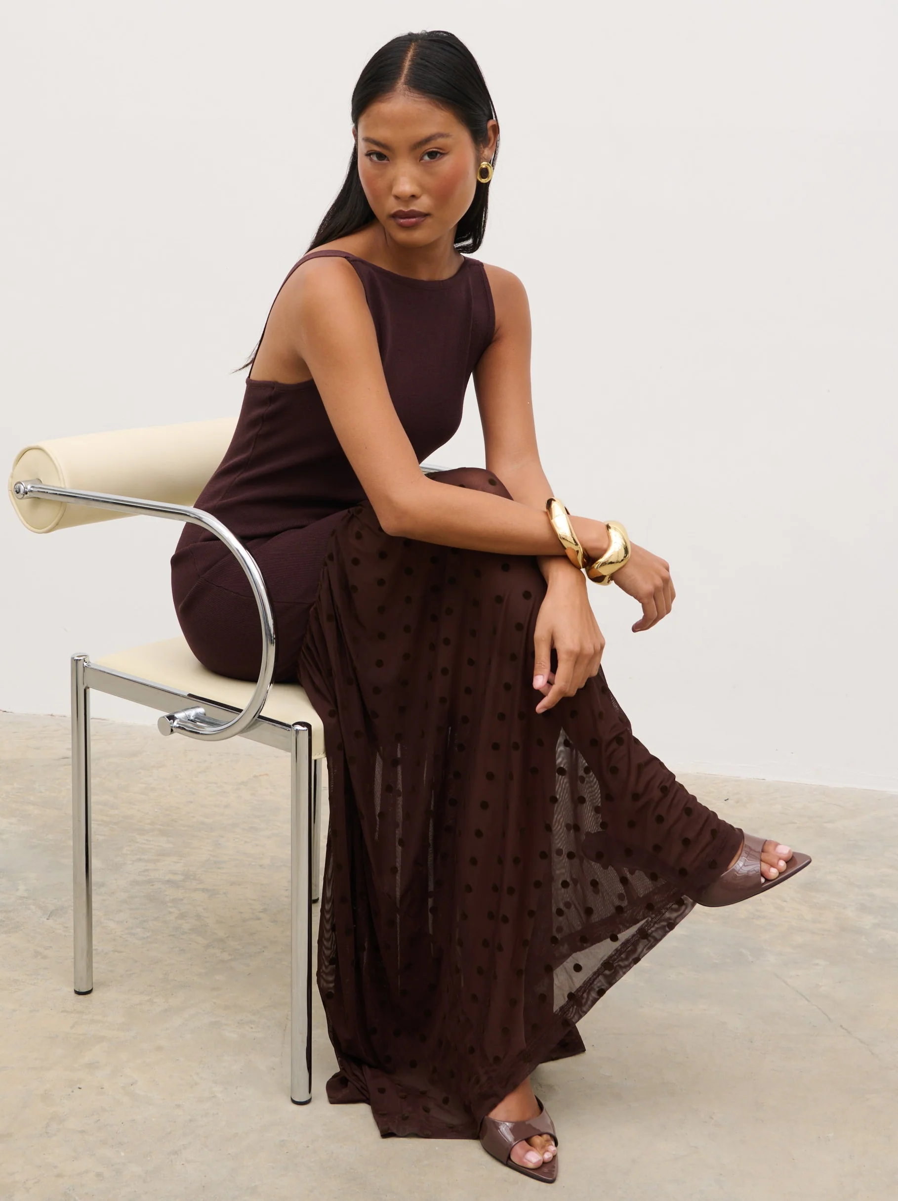 Rebecca Polka Dot Knit Woven Maxi Dress - Chocolate and Cream