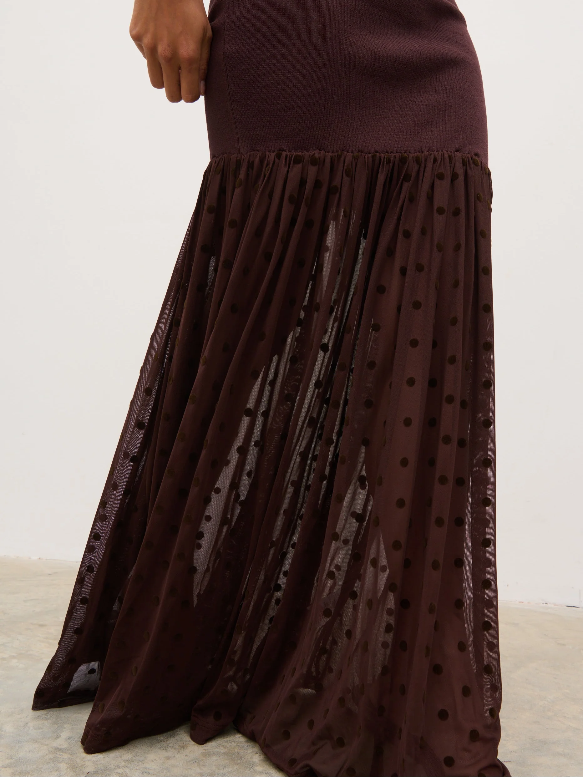 Rebecca Polka Dot Knit Woven Maxi Dress - Chocolate and Cream - Image 3
