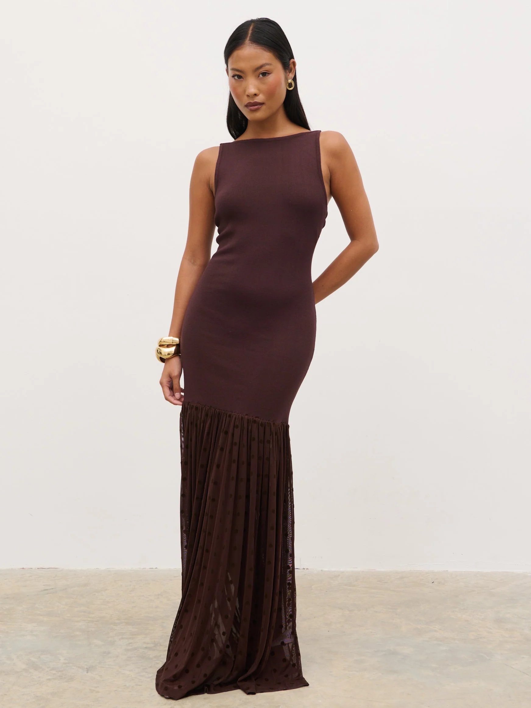 Rebecca Polka Dot Knit Woven Maxi Dress - Chocolate and Cream - Image 4