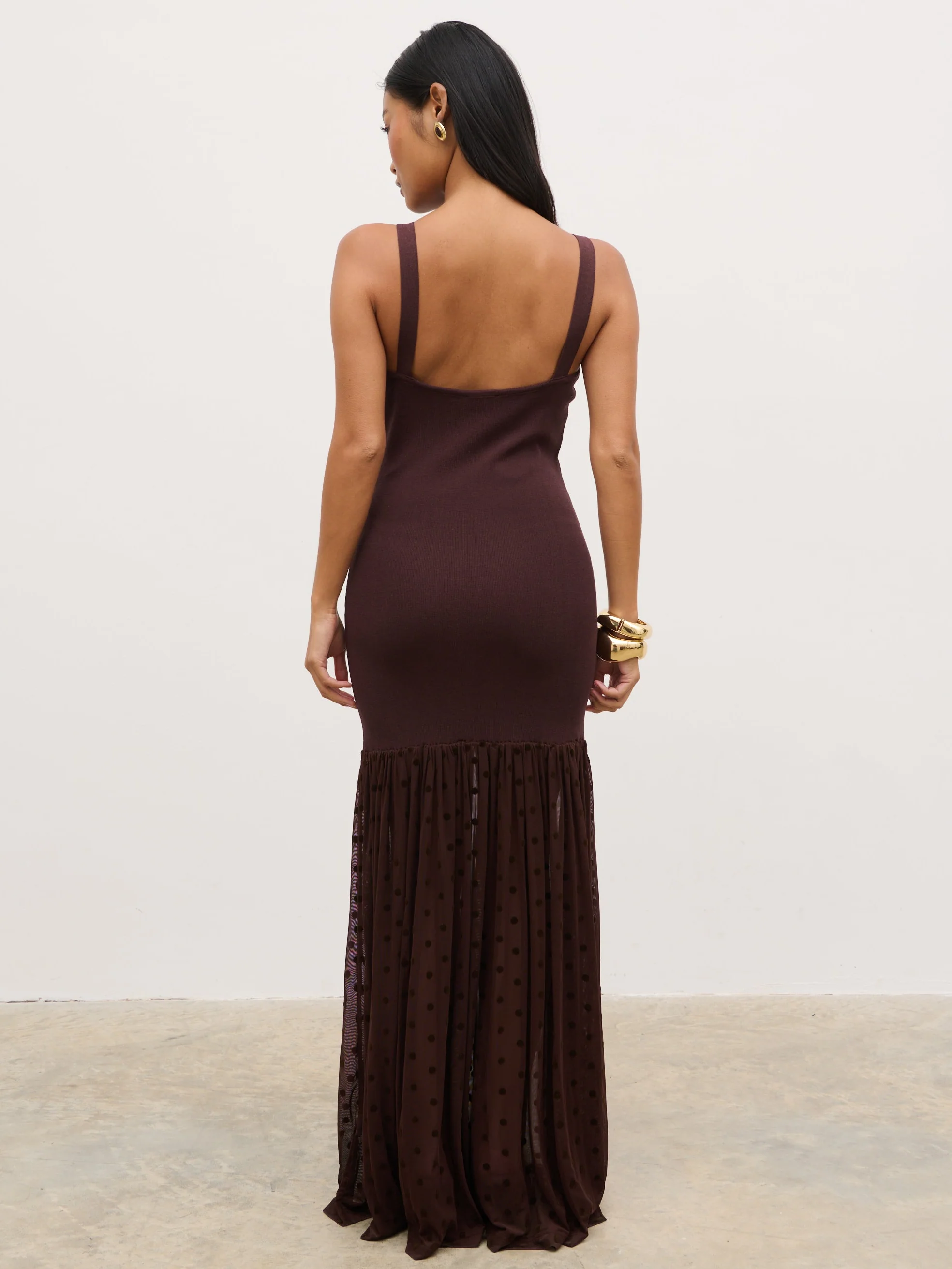 Rebecca Polka Dot Knit Woven Maxi Dress - Chocolate and Cream - Image 6