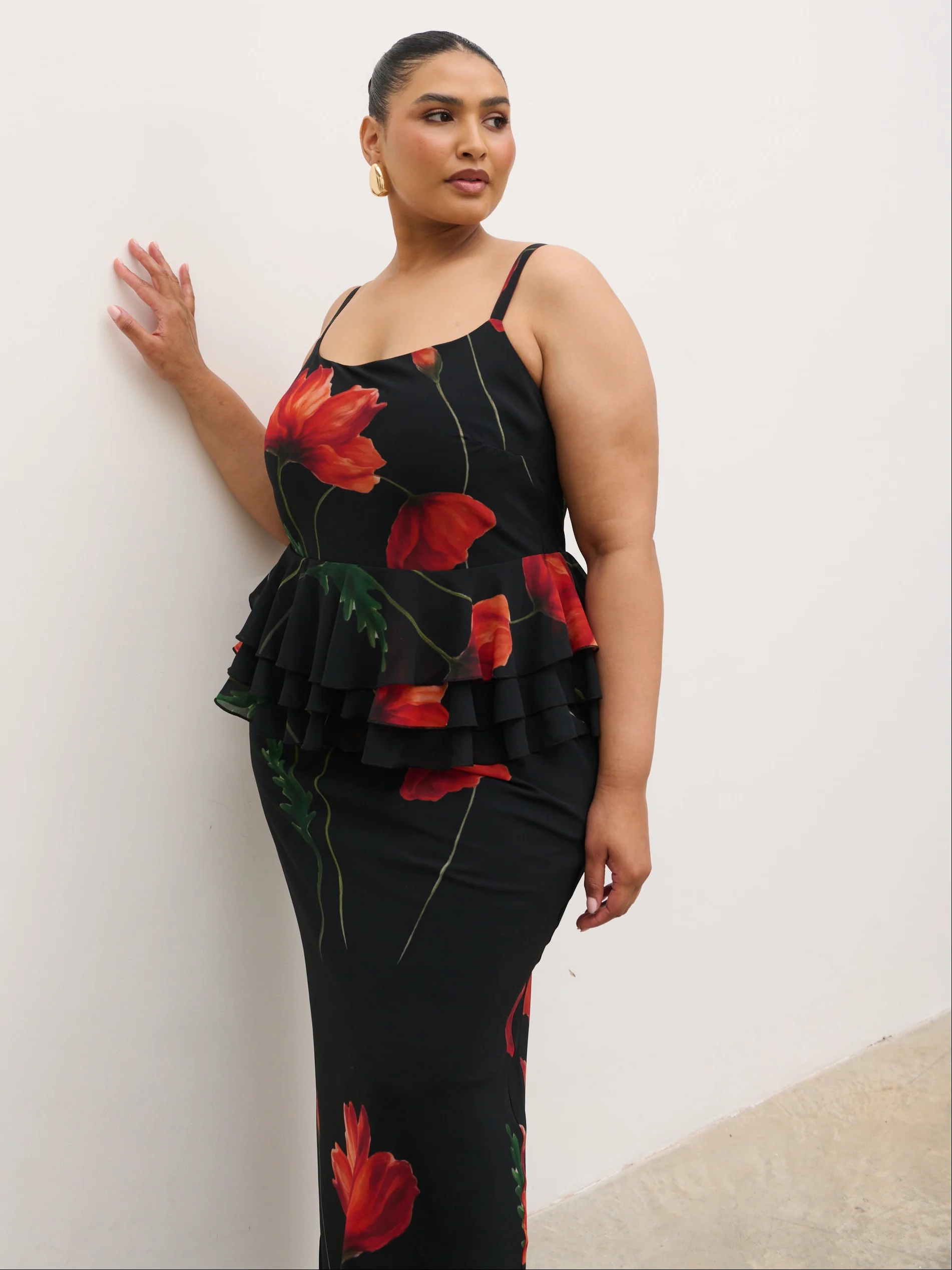 Rosie Peplum Ruffle Maxi Dress Curve - Largescale Poppy Petal Red