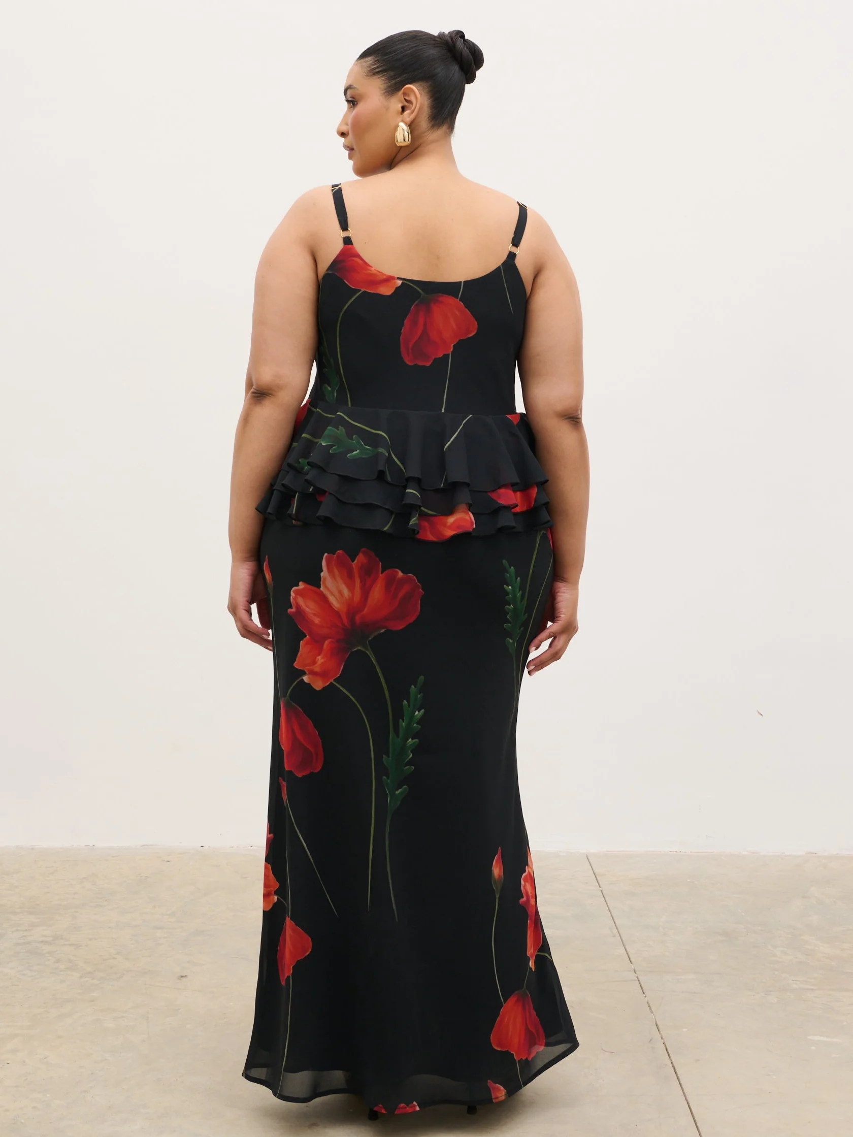Rosie Peplum Ruffle Maxi Dress Curve - Largescale Poppy Petal Red - Image 4