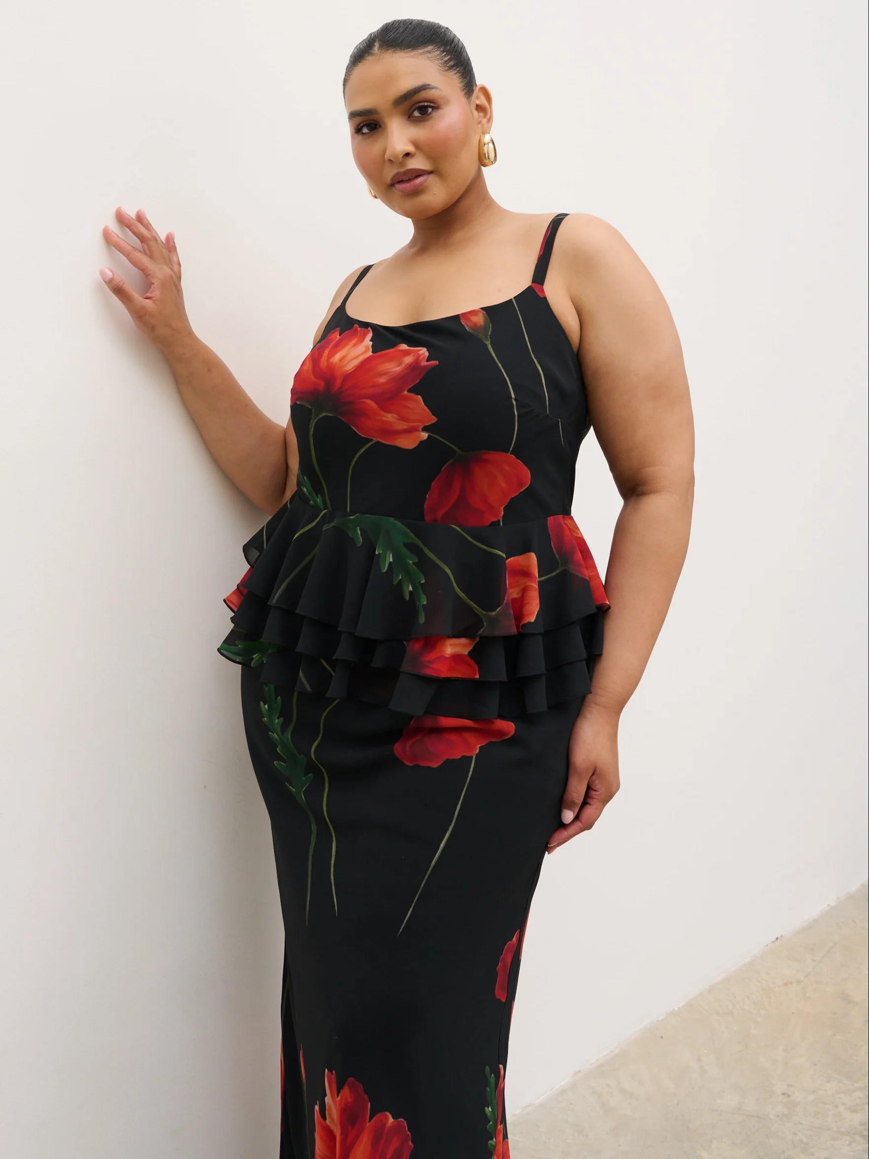 Rosie Peplum Ruffle Maxi Dress Curve - Largescale Poppy Petal Red - Image 5