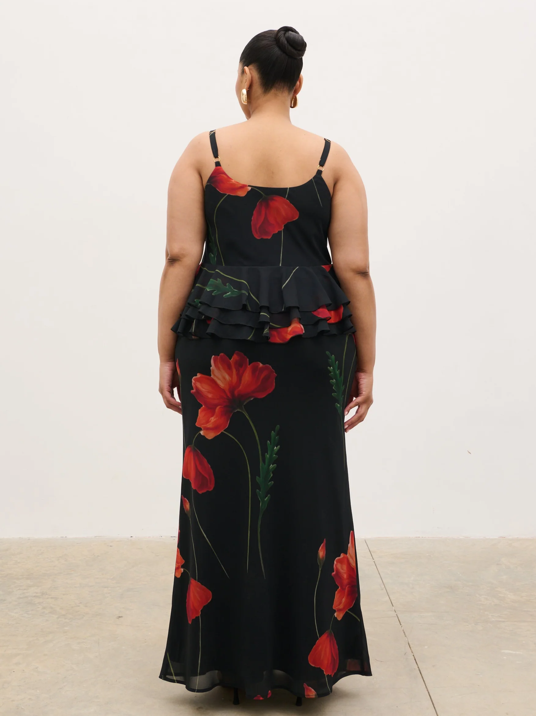 Rosie Peplum Ruffle Maxi Dress Curve - Largescale Poppy Petal Red - Image 6