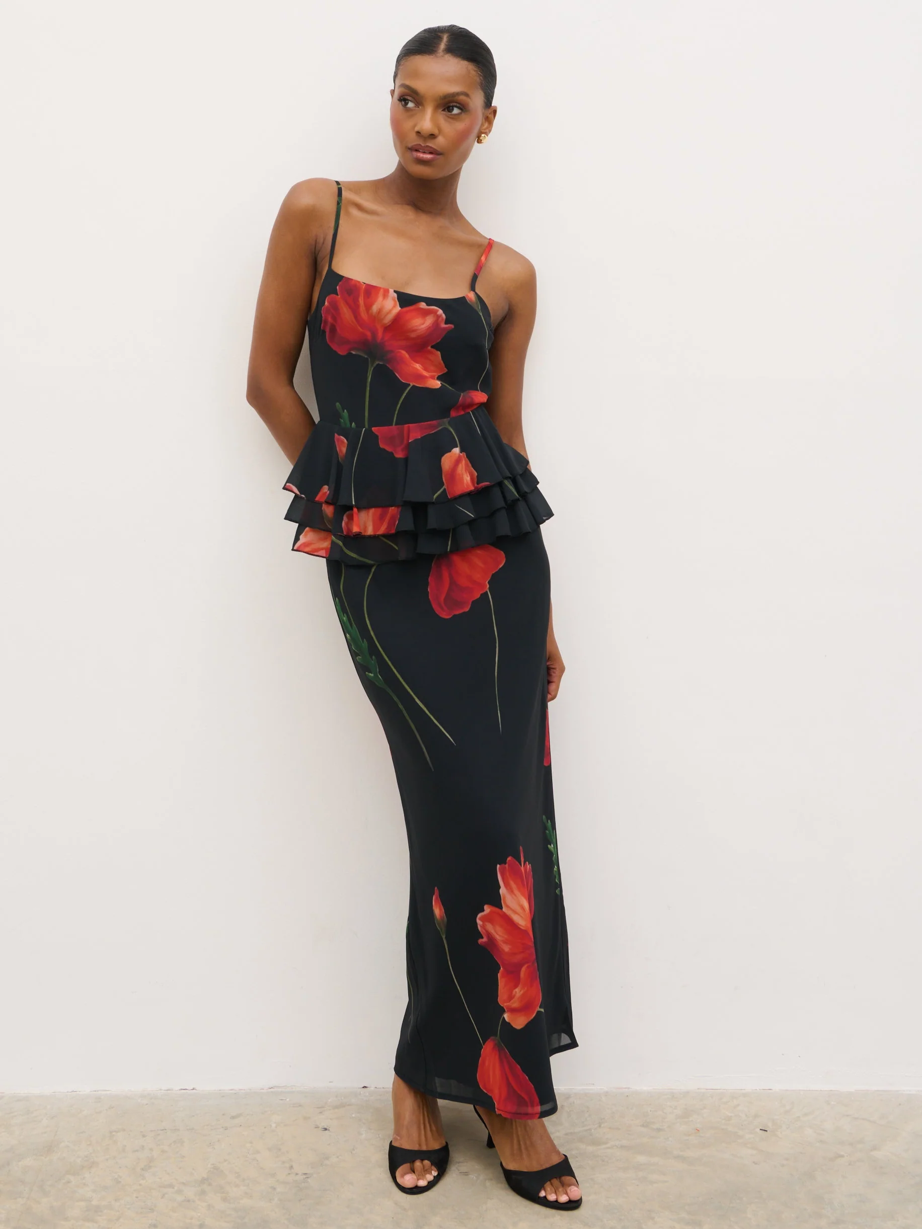 Rosie Peplum Ruffle Maxi Dress - Largescale Poppy Petal Red